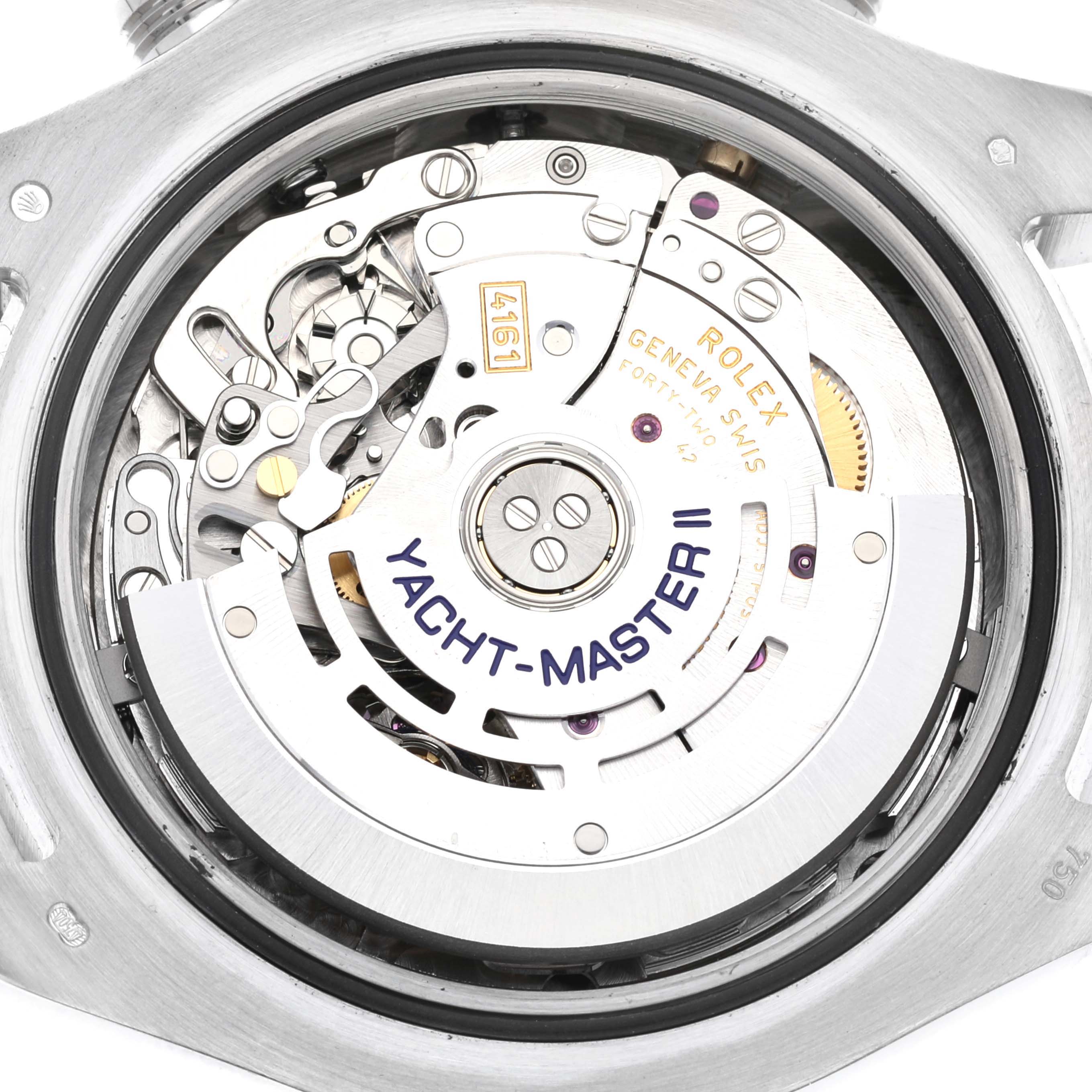 The image shows the internal mechanics of a Rolex Yacht-Master 116689 Men's Stainless Steel White Dial 116689 Men's Stainless Steel White Dial II watch from the back.