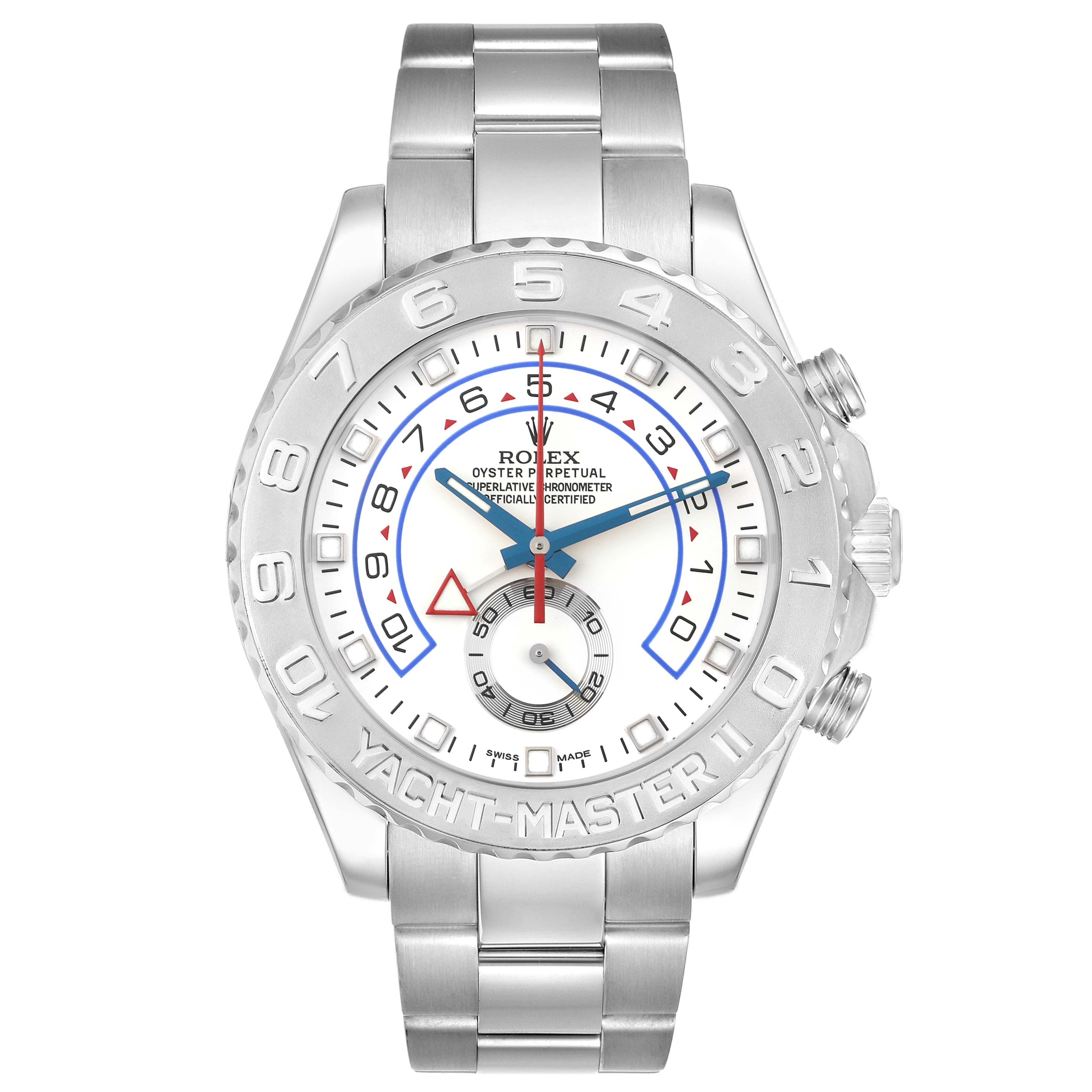 This image shows a Rolex Yacht-Master 116689 Men's Stainless Steel White Dial 116689 Men's Stainless Steel White Dial watch from a front angle, detailing the dial, bezel, and bracelet.