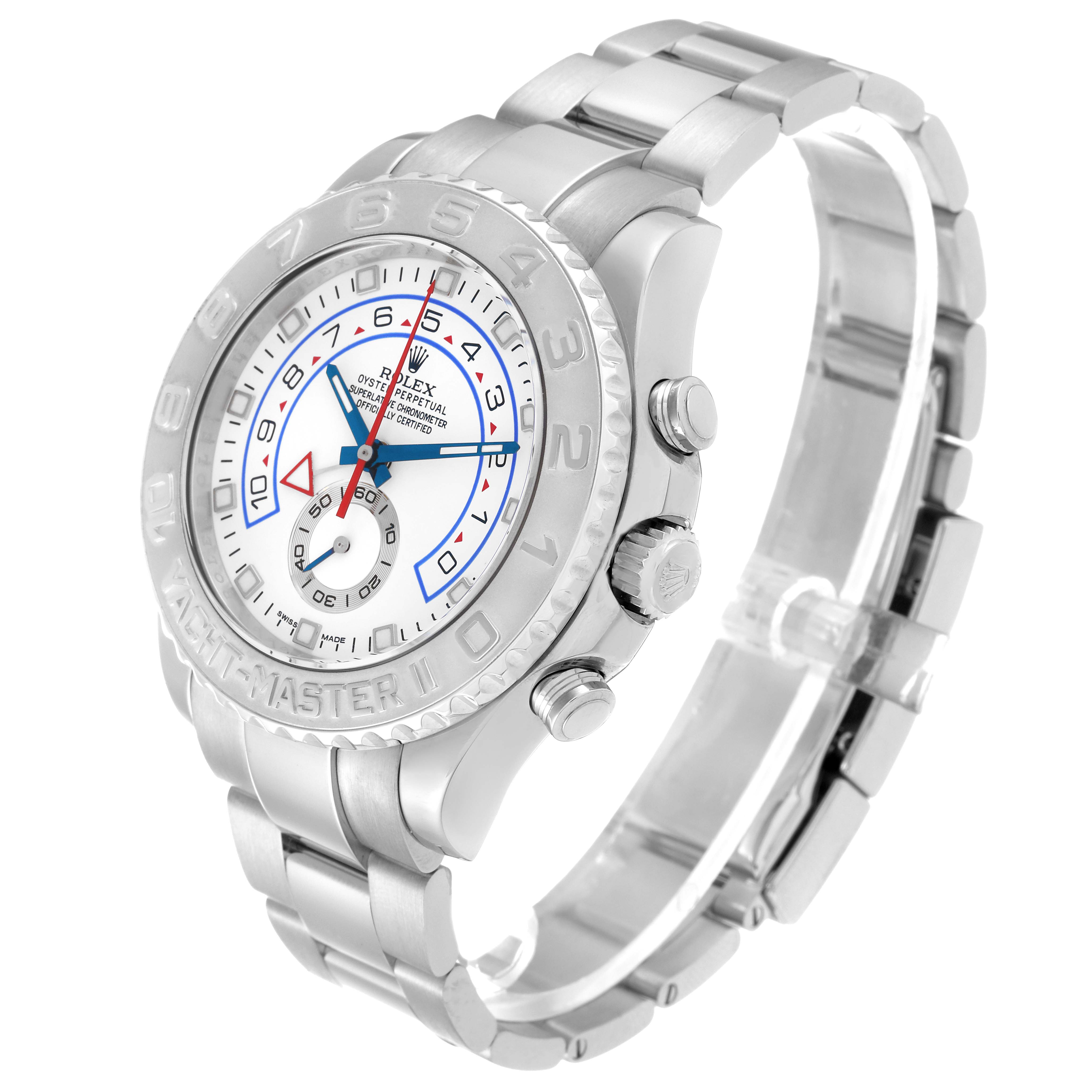 This image shows the Rolex Yacht-Master 116689 Men's Stainless Steel White Dial 116689 Men's Stainless Steel White Dial watch from an angled side view, highlighting its dial, crown, and bracelet.