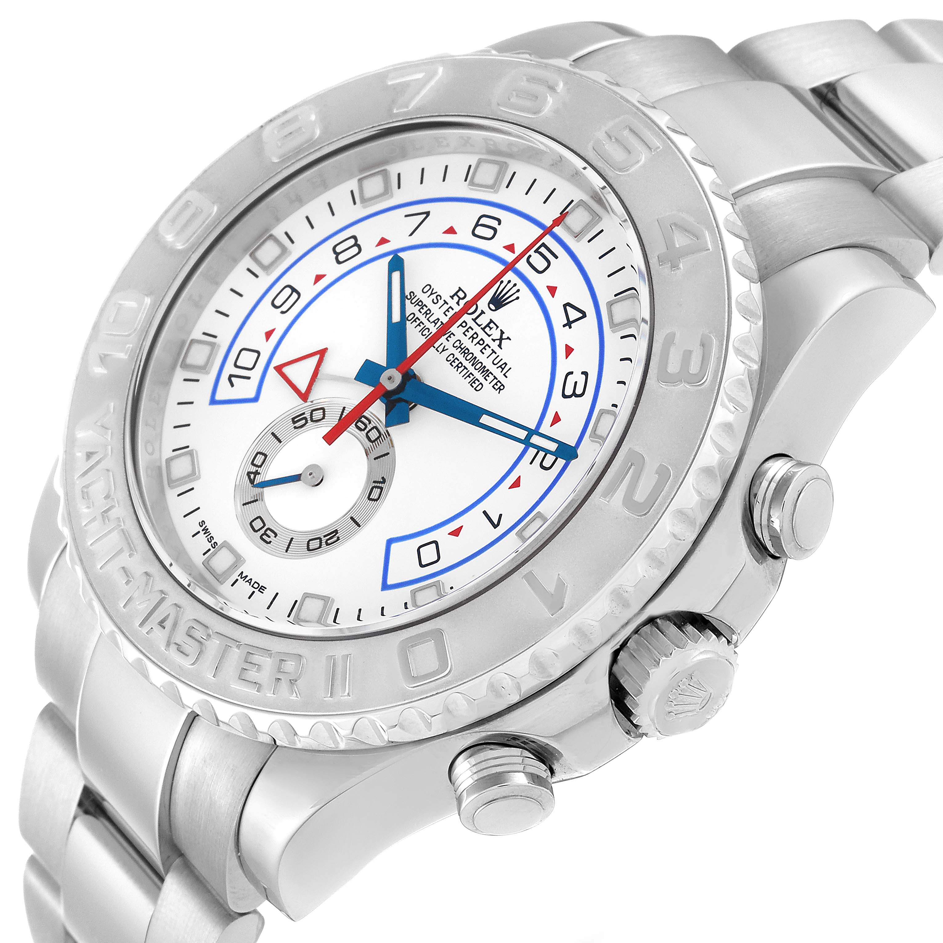 The image shows a close-up angle of the Rolex Yacht-Master 116689 Men's Stainless Steel White Dial 116689 Men's Stainless Steel White Dial watch displaying its face, bezel, crown, and part of the bracelet.