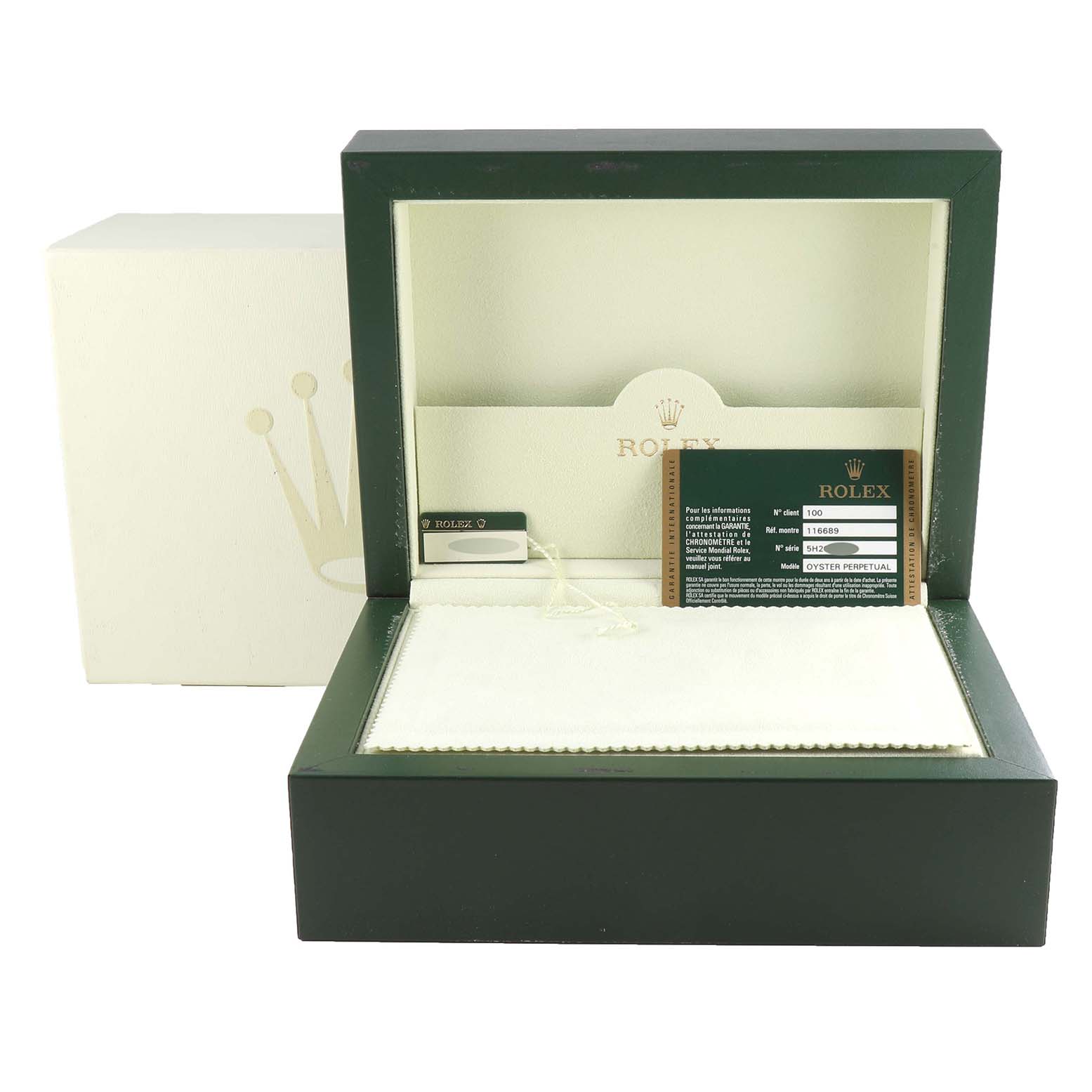 This image shows the open packaging box for the Rolex Yacht-Master 116689 Men's White Gold White Dial 116689 Men's White Gold White Dial watch along with the warranty card and booklet inside.