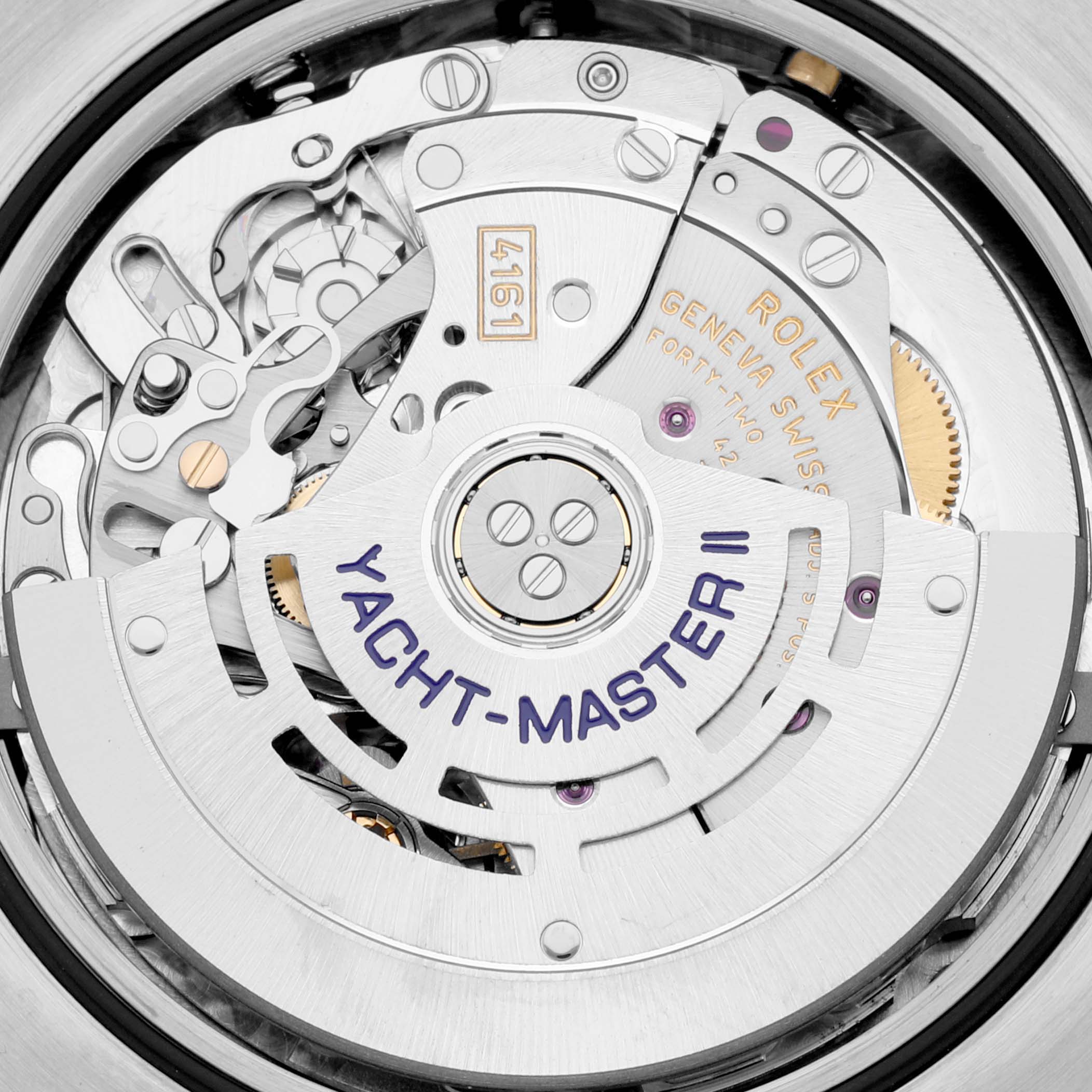 This image shows the movement and mechanism of a Rolex Yacht-Master 116689 Men's White Gold White Dial 116689 Men's White Gold White Dial II watch from a close-up angle.