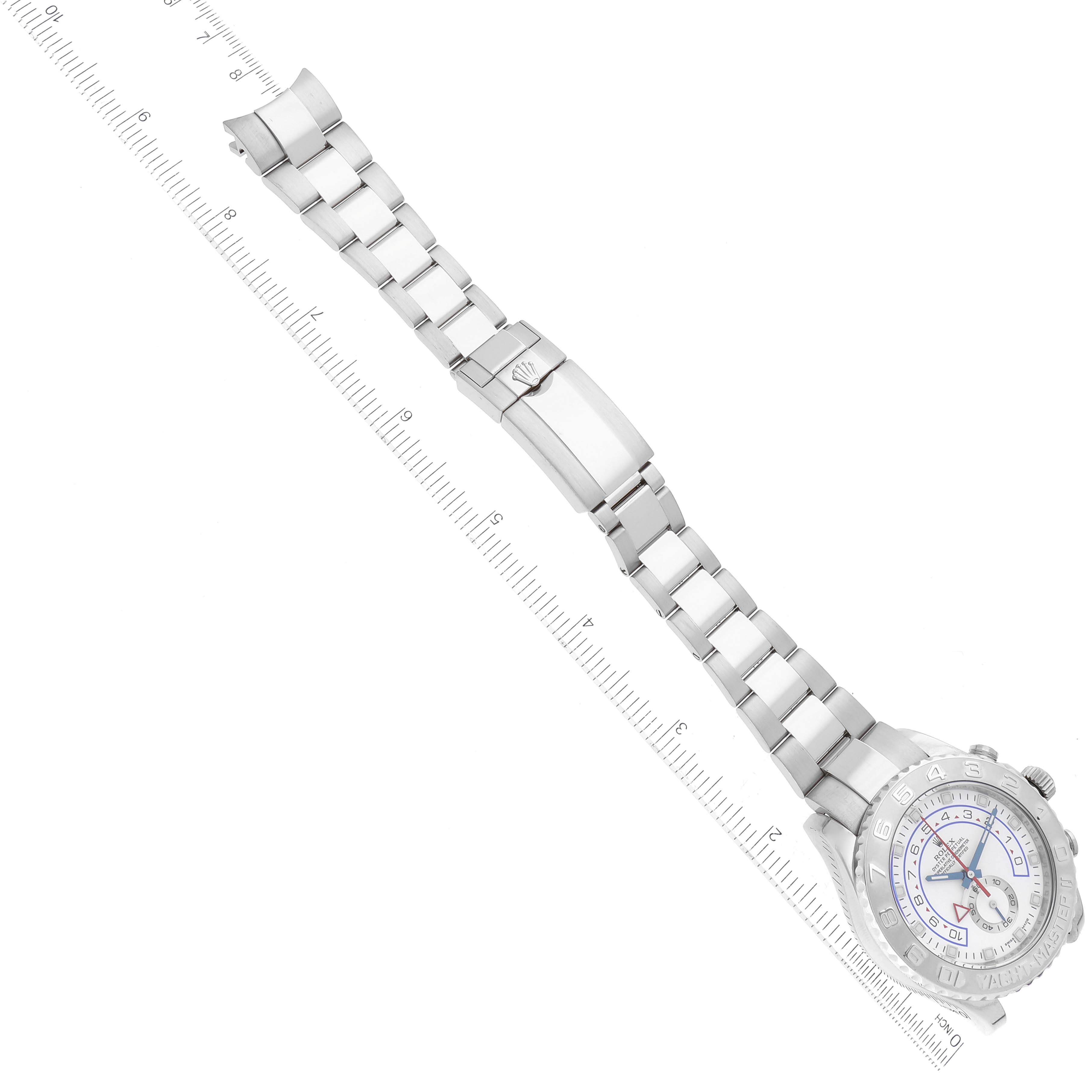 The Rolex Yacht-Master 116689 Men's White Gold White Dial 116689 Men's White Gold White Dial watch is shown from an overhead view, highlighting the full length of the bracelet and clasp.