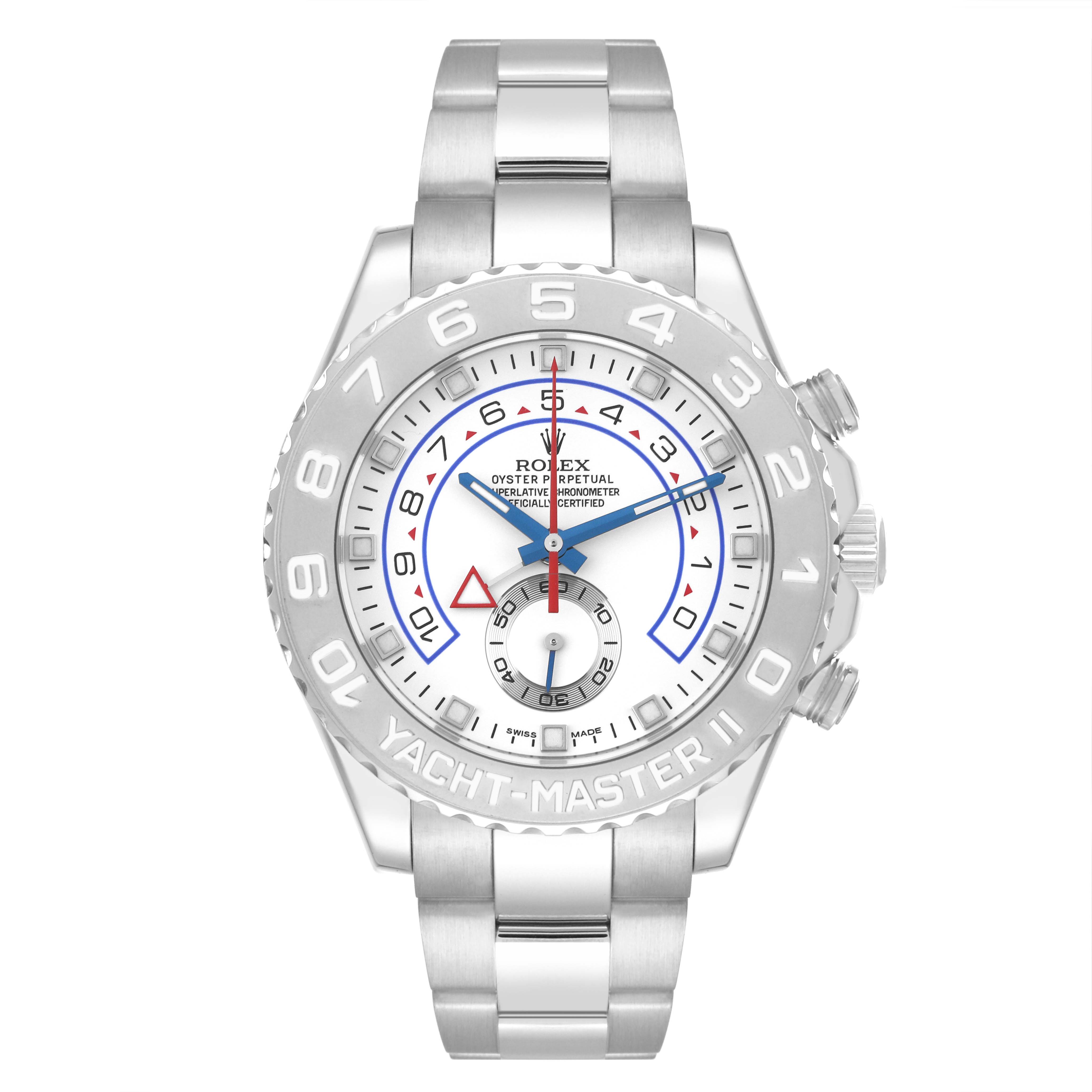 The image shows a front view of the Rolex Yacht-Master 116689 Men's White Gold White Dial 116689 Men's White Gold White Dial watch, featuring its dial, bezel, and bracelet.
