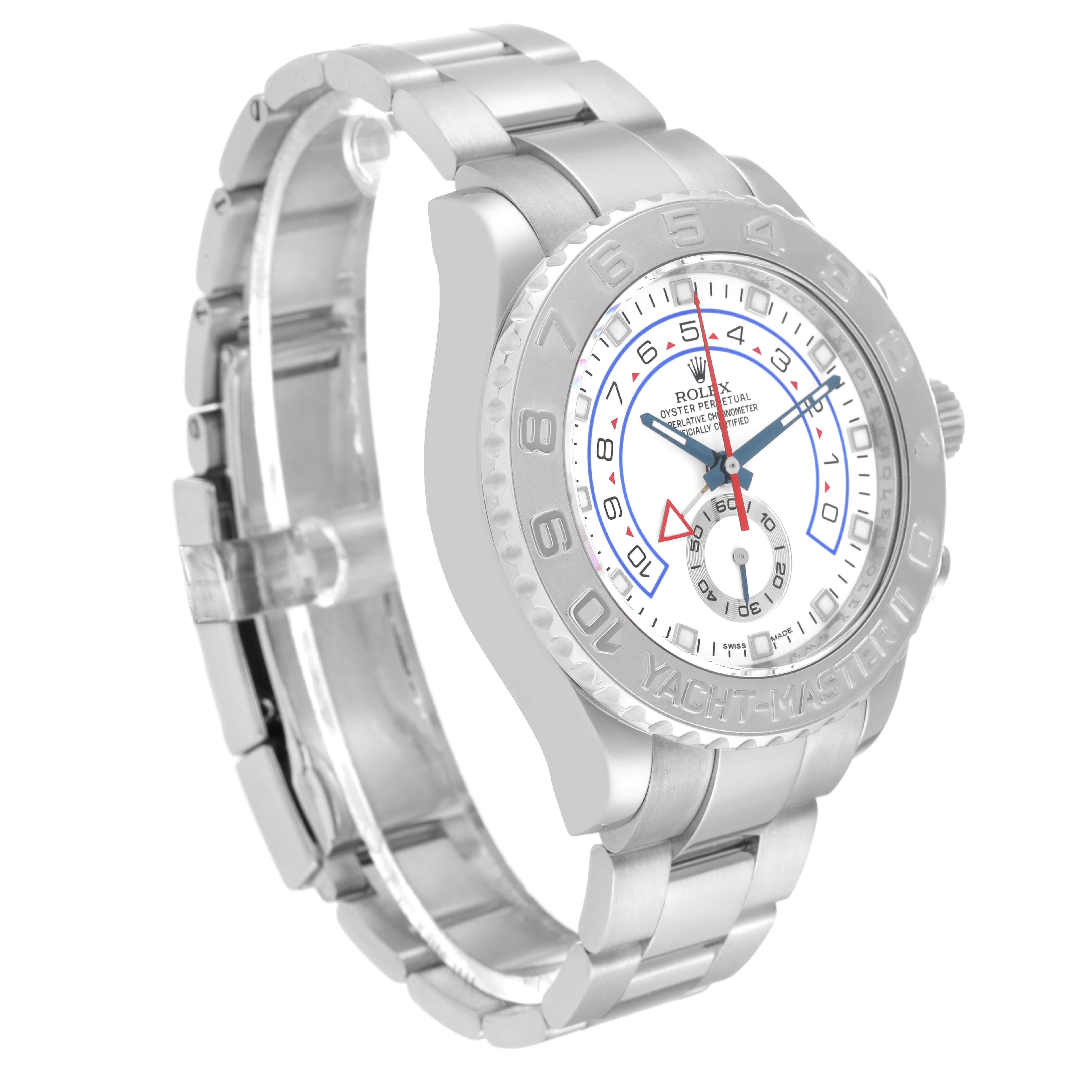 This image shows a Rolex Yacht-Master 116689 Men's White Gold White Dial 116689 Men's White Gold White Dial watch at a three-quarter angle, highlighting the face, bezel, and bracelet.