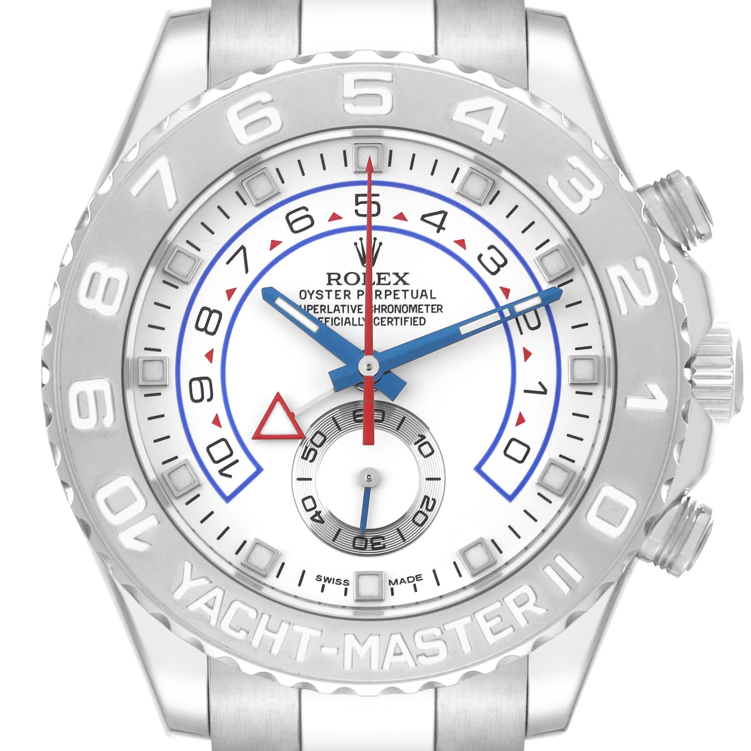 Front view of a Rolex Yacht-Master 116689 Men's White Gold White Dial 116689 Men's White Gold White Dial watch showing the dial, bezel, and part of the bracelet.