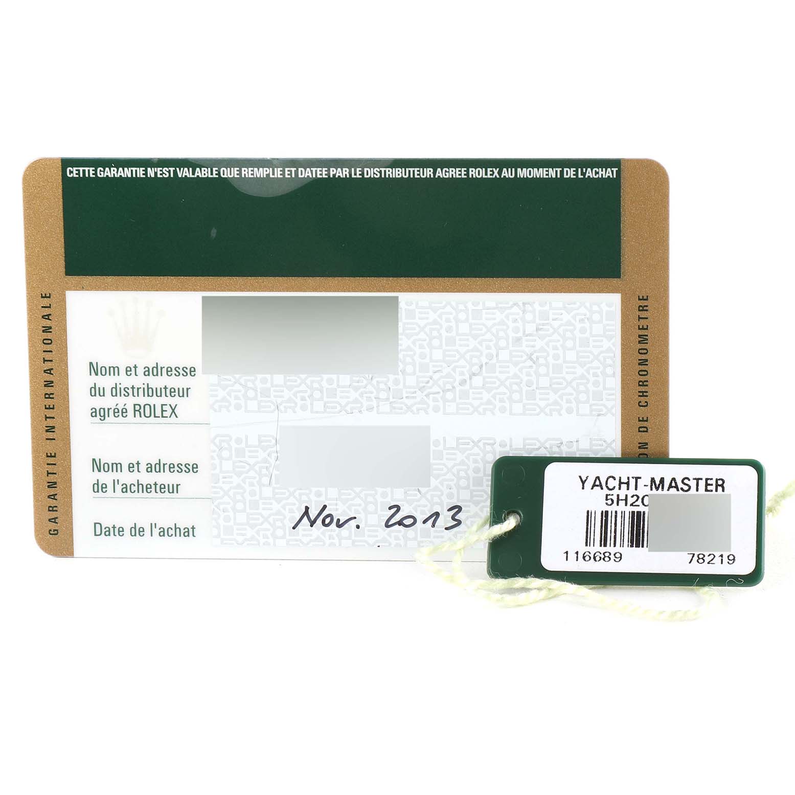 The image shows the warranty card and tag for the Rolex Yacht-Master 116689 Men's White Gold White Dial 116689 Men's White Gold White Dial model, with the purchase date noted as Nov. 2013.