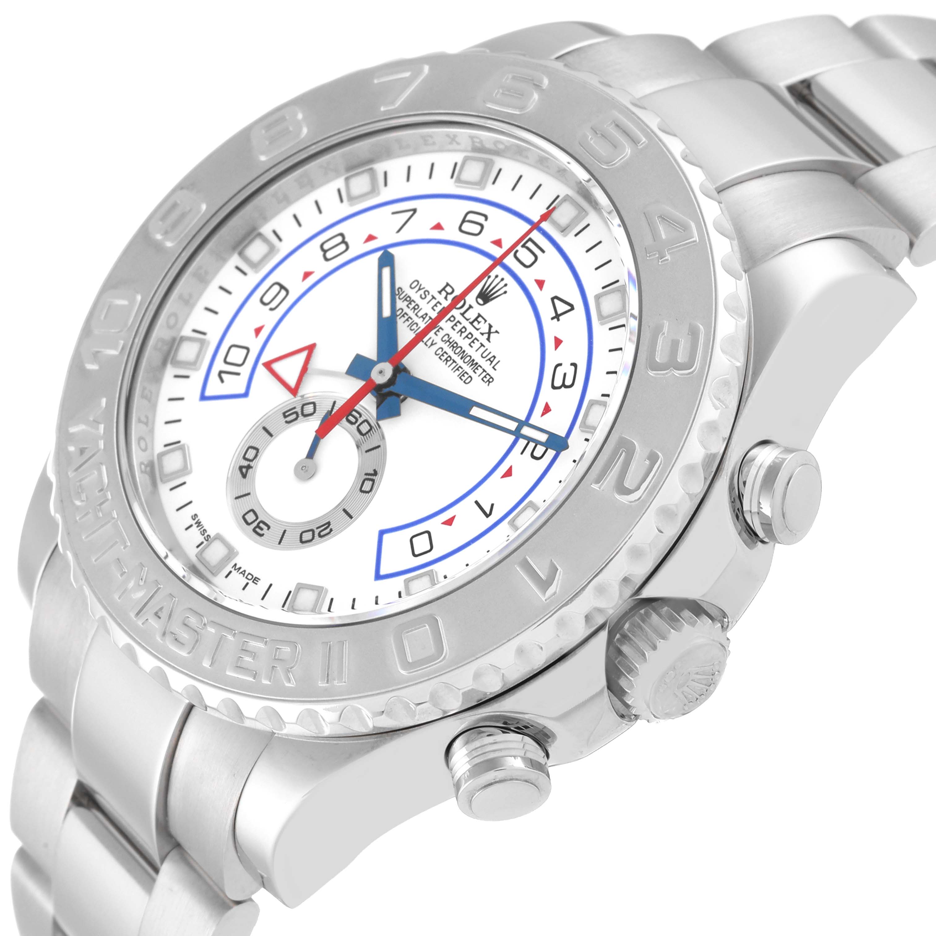 The image shows a side angle of a Rolex Yacht-Master 116689 Men's White Gold White Dial 116689 Men's White Gold White Dial watch, highlighting its bezel, crown, and part of the bracelet.