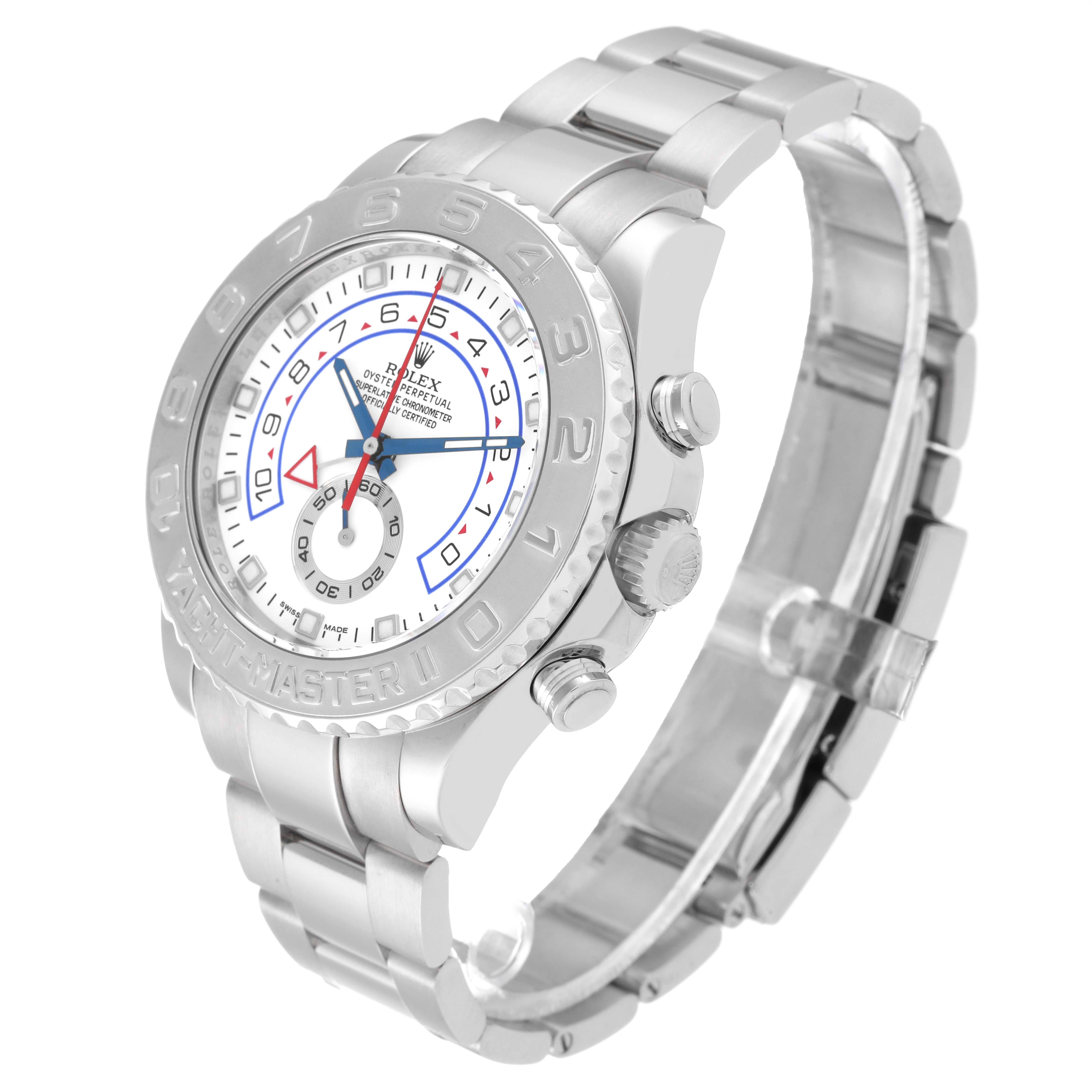 The Rolex Yacht-Master 116689 Men's White Gold White Dial 116689 Men's White Gold White Dial watch is shown from a three-quarter angle displaying the face, bezel, crown, and bracelet.