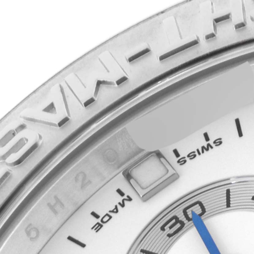 This close-up shows the upper right section of the dial and bezel of a Rolex Yacht-Master 116689 Men's White Gold White Dial 116689 Men's White Gold White Dial watch.