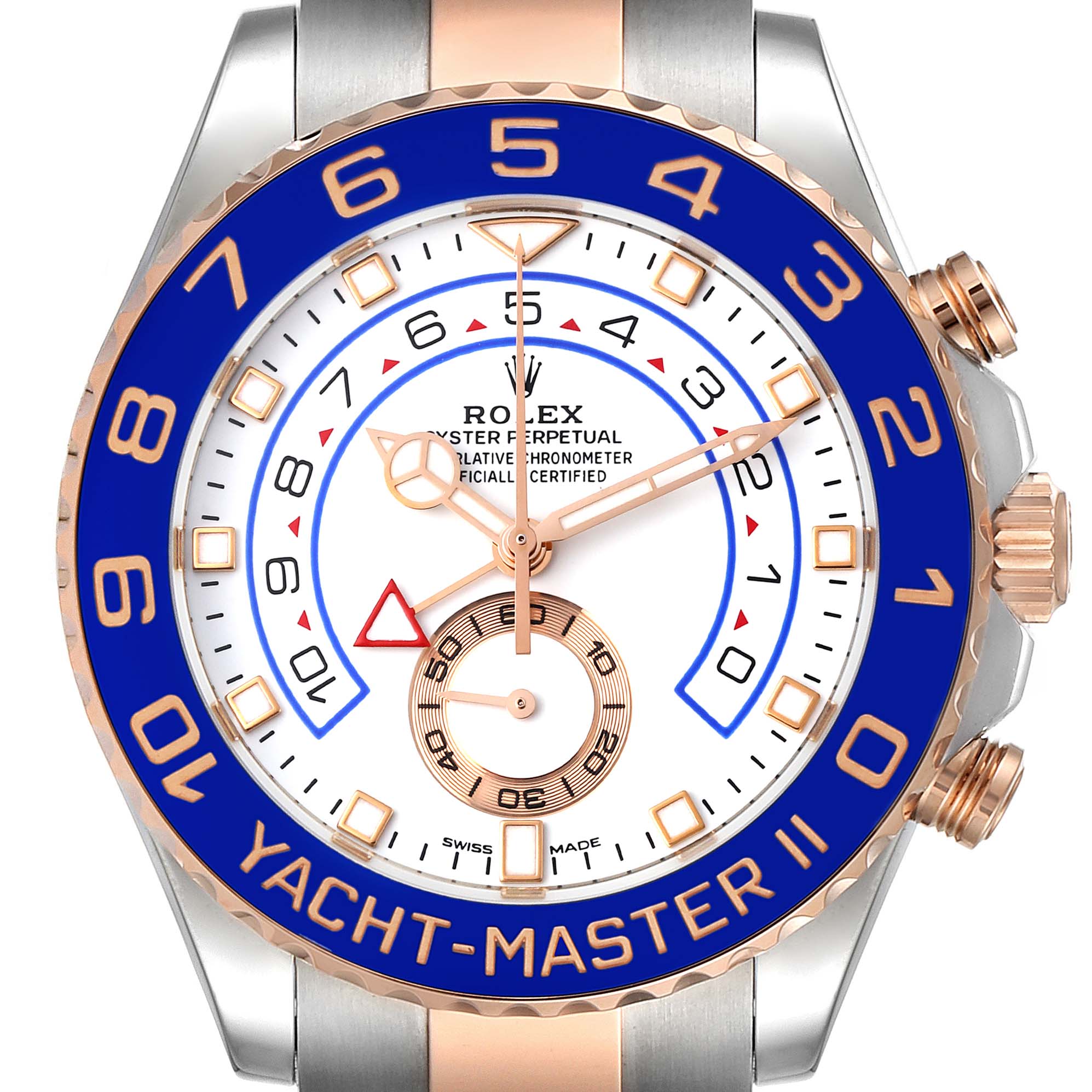 The image shows a close-up of the Rolex Yacht-Master 116681 Men
s Steel and Gold (two tone) White Dial 116681 Men
s Steel and Gold (two tone) White Dial watch dial and bezel, highlighting its detailed features and markings.