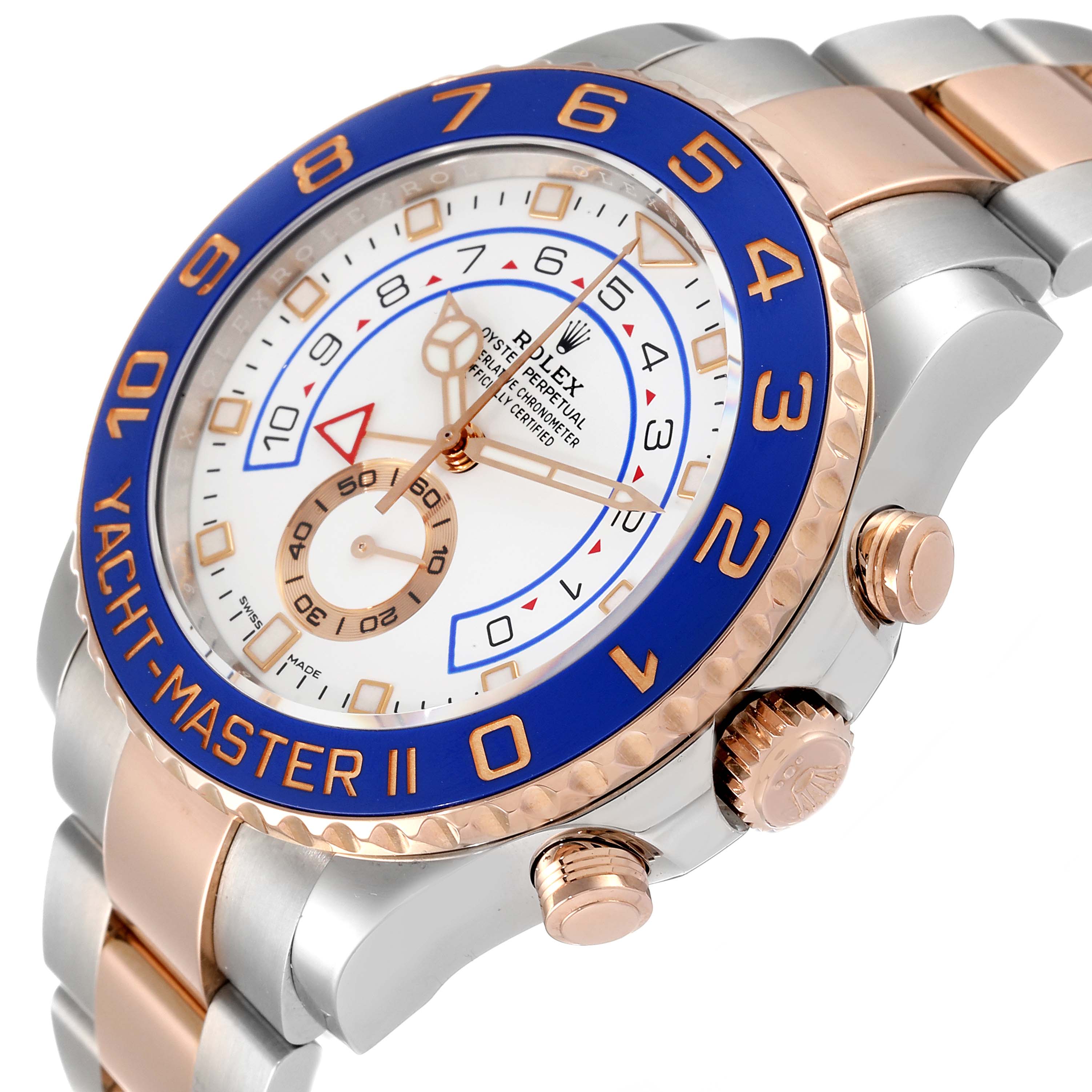 The Rolex Yacht-Master 116681 Men
s Steel and Gold (two tone) White Dial 116681 Men
s Steel and Gold (two tone) White Dial watch is shown at an angle highlighting the dial, bezel, and crown.