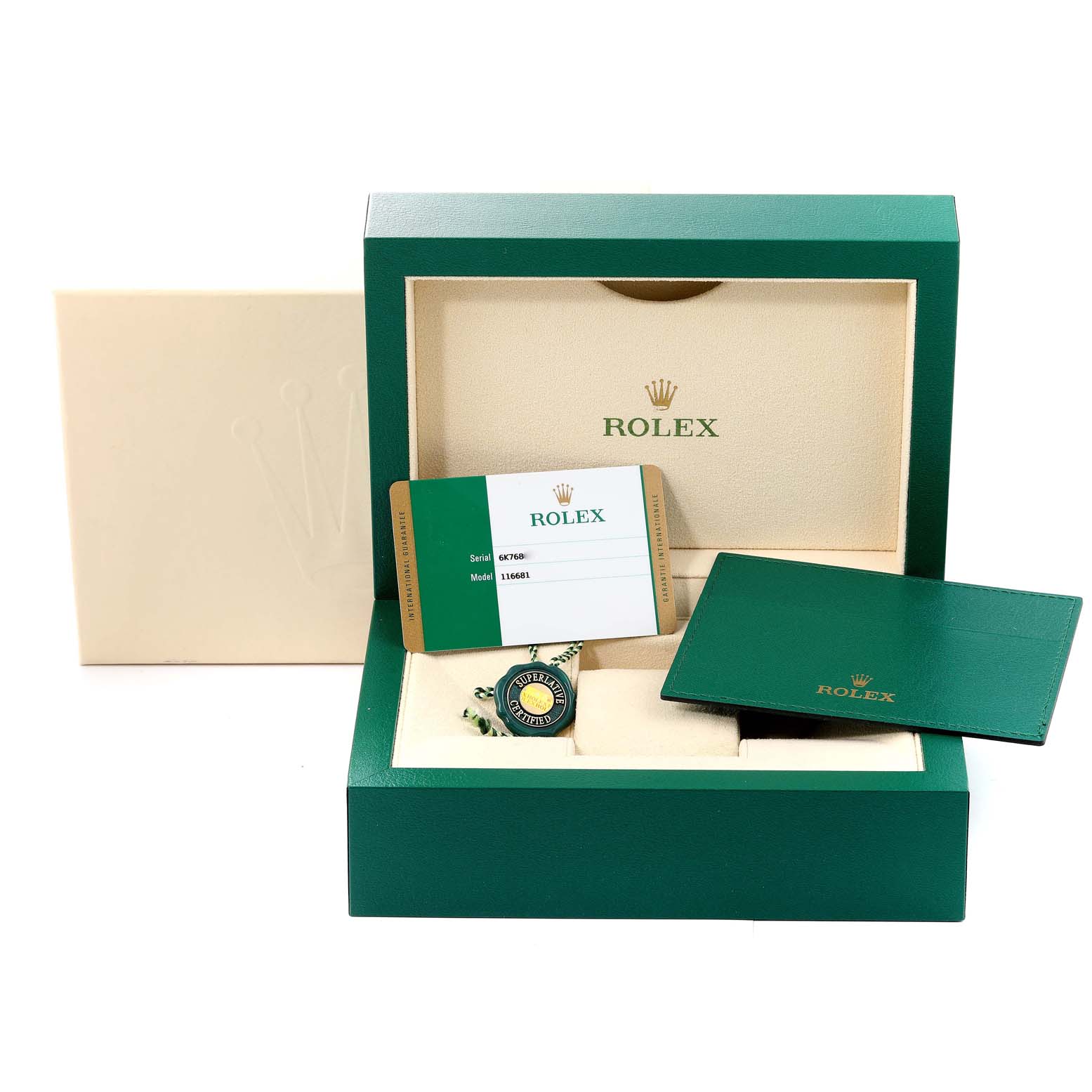 The image shows an open Rolex Yacht-Master 116681 Men
s Steel and Gold (two tone) White Dial 116681 Men
s Steel and Gold (two tone) White Dial watch box with a warranty card, a booklet, and a tag.