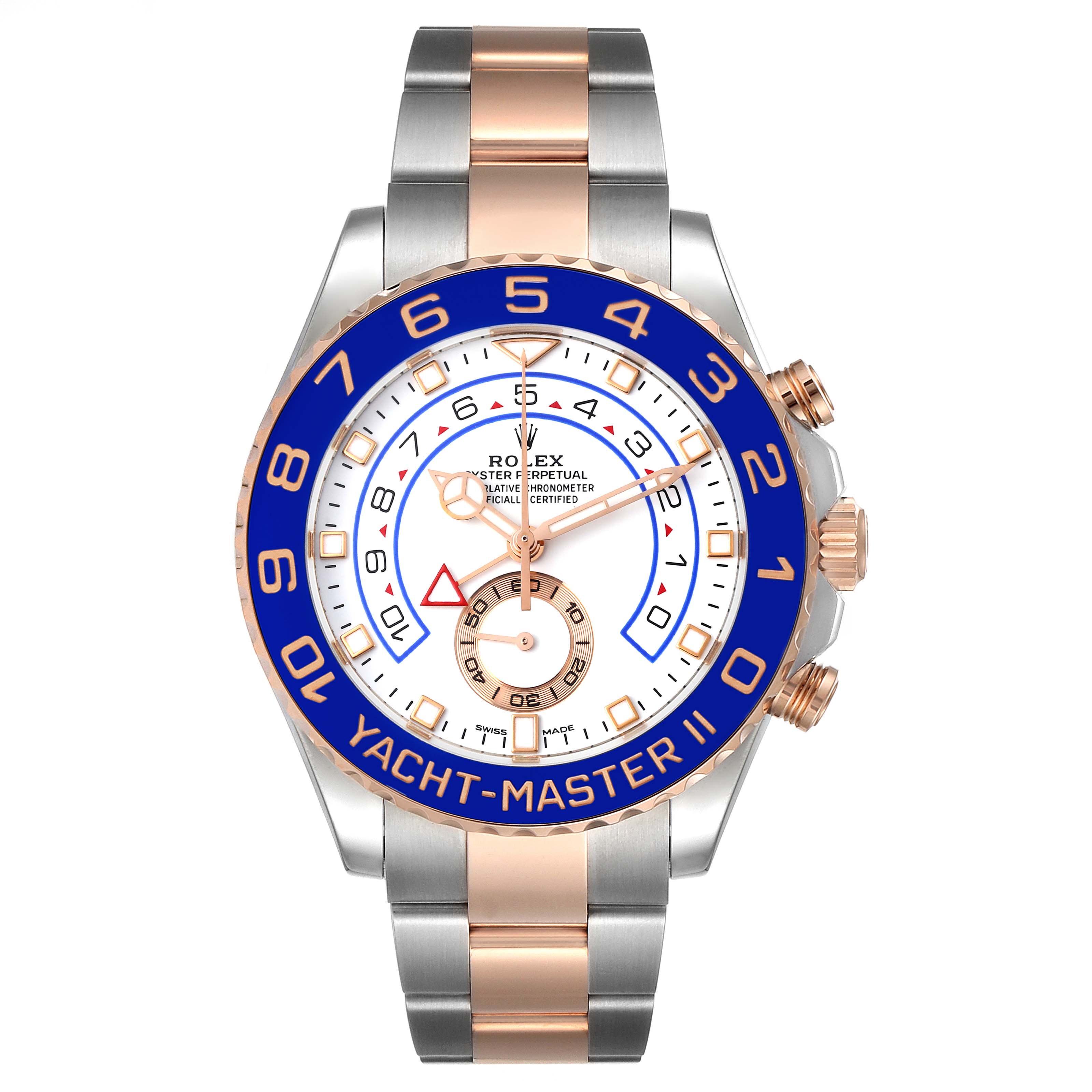 The image shows a front view of a Rolex Yacht-Master 116681 Men
s Steel and Gold (two tone) White Dial 116681 Men
s Steel and Gold (two tone) White Dial watch, displaying its dial, bezel, and two-tone bracelet.