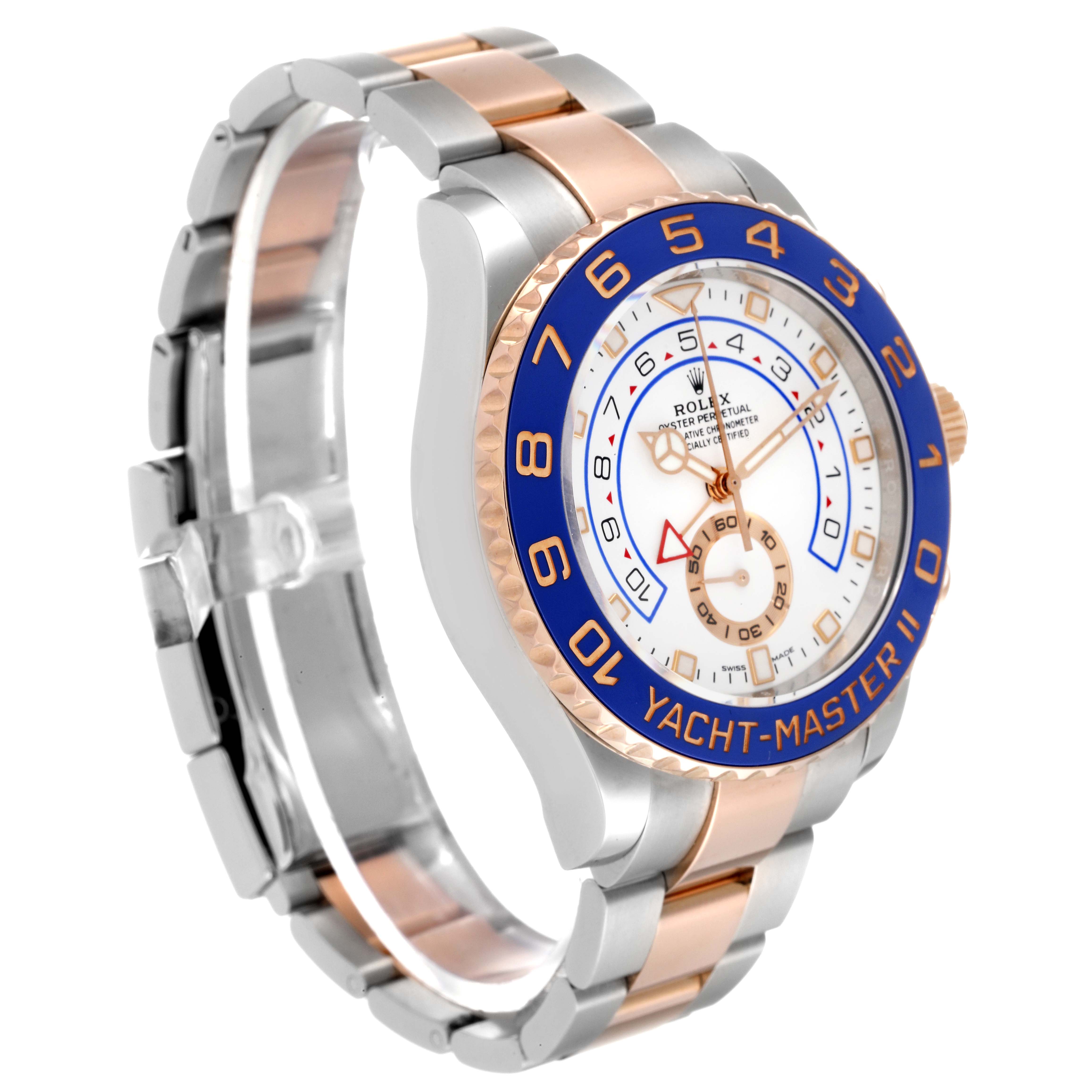 The Rolex Yacht-Master 116681 Men
s Steel and Gold (two tone) White Dial 116681 Men
s Steel and Gold (two tone) White Dial watch is shown at a three-quarter angle, highlighting the dial, bracelet, and bezel.