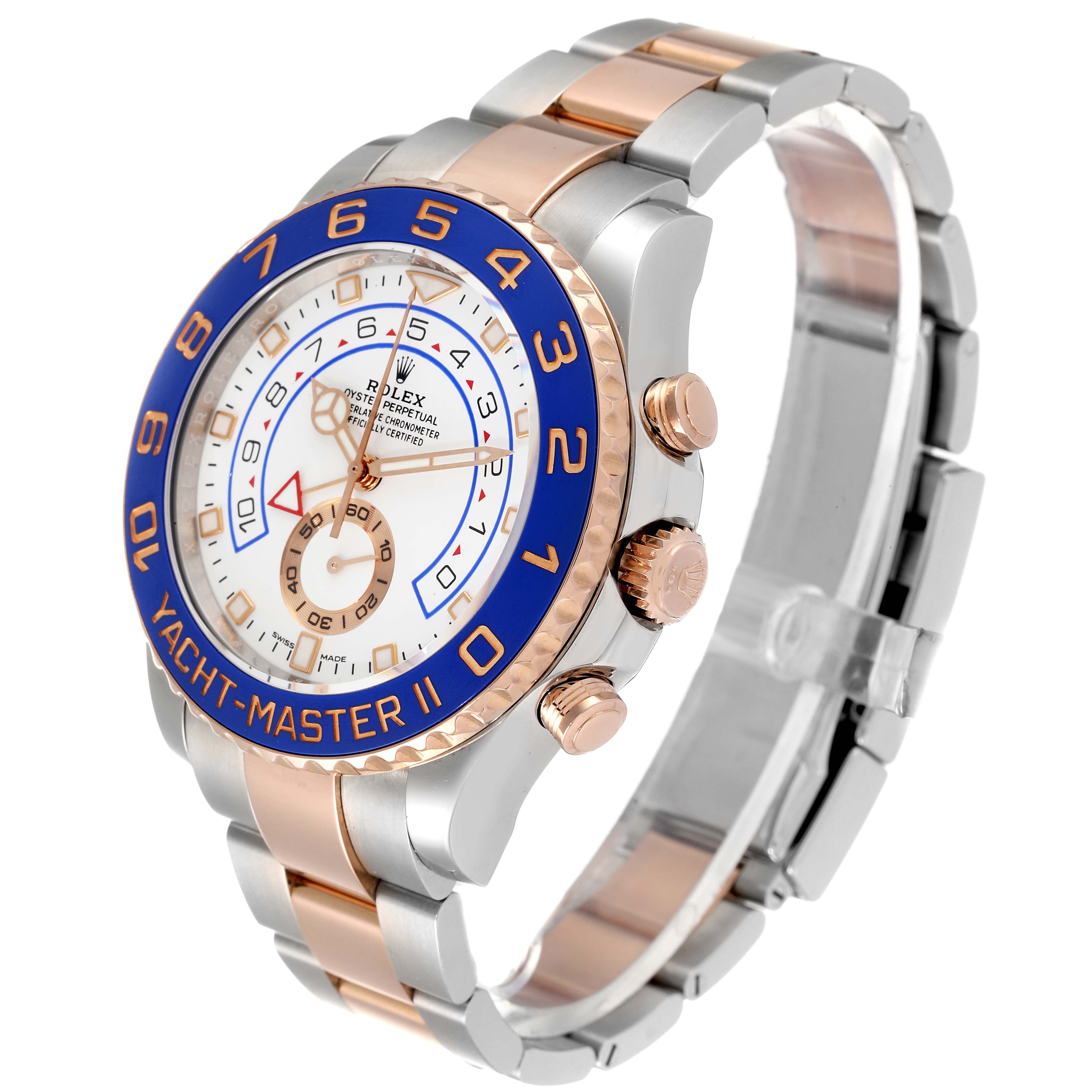 This image shows a side and top view of the Rolex Yacht-Master 116681 Men
s Steel and Gold (two tone) White Dial 116681 Men
s Steel and Gold (two tone) White Dial II watch, featuring its face, bezel, and bracelet.