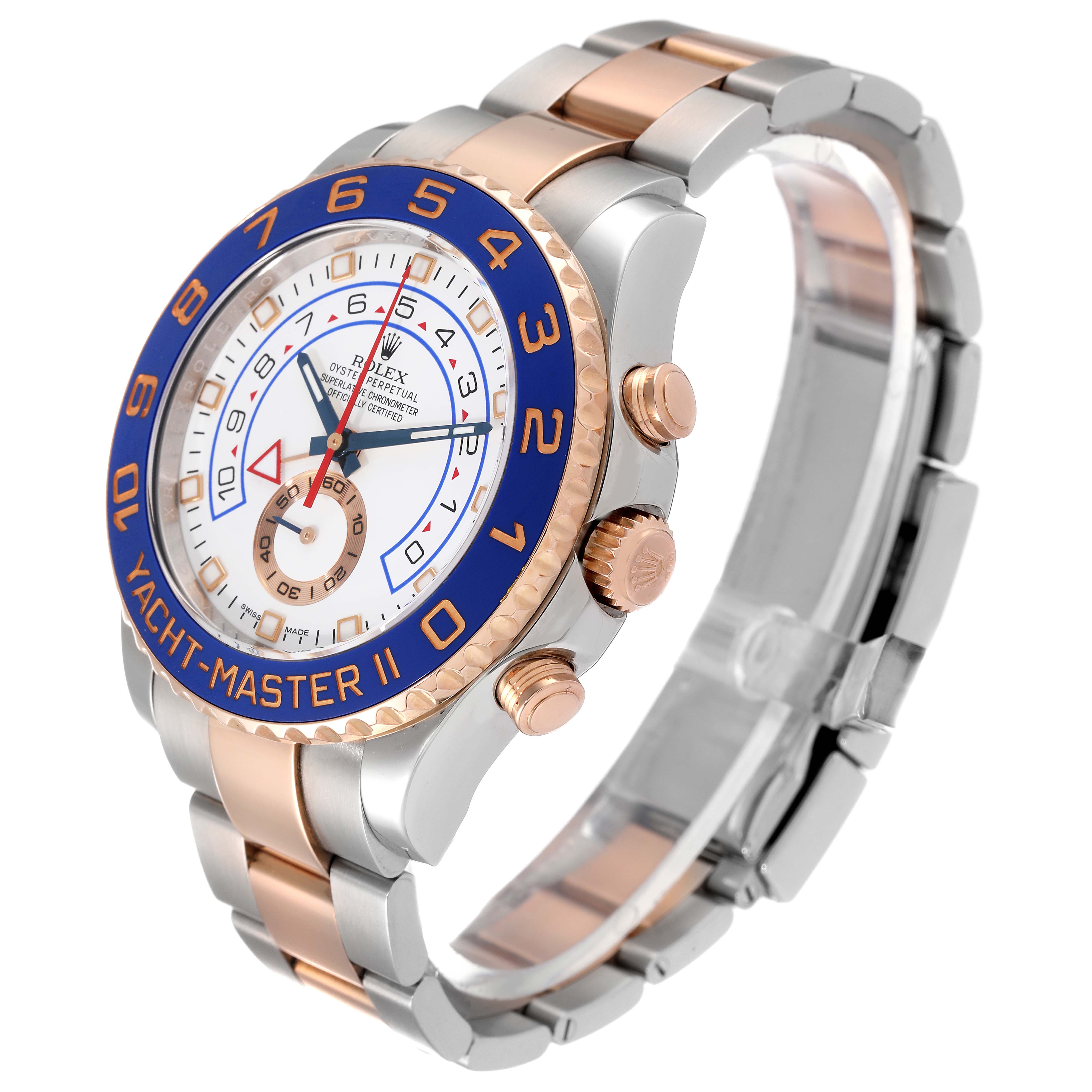 The image shows a side view of the Rolex Yacht-Master 116681 Men
s Steel and Gold (two tone) White Dial 116681 Men
s Steel and Gold (two tone) White Dial II watch, highlighting the bezel, crown, and bracelet.