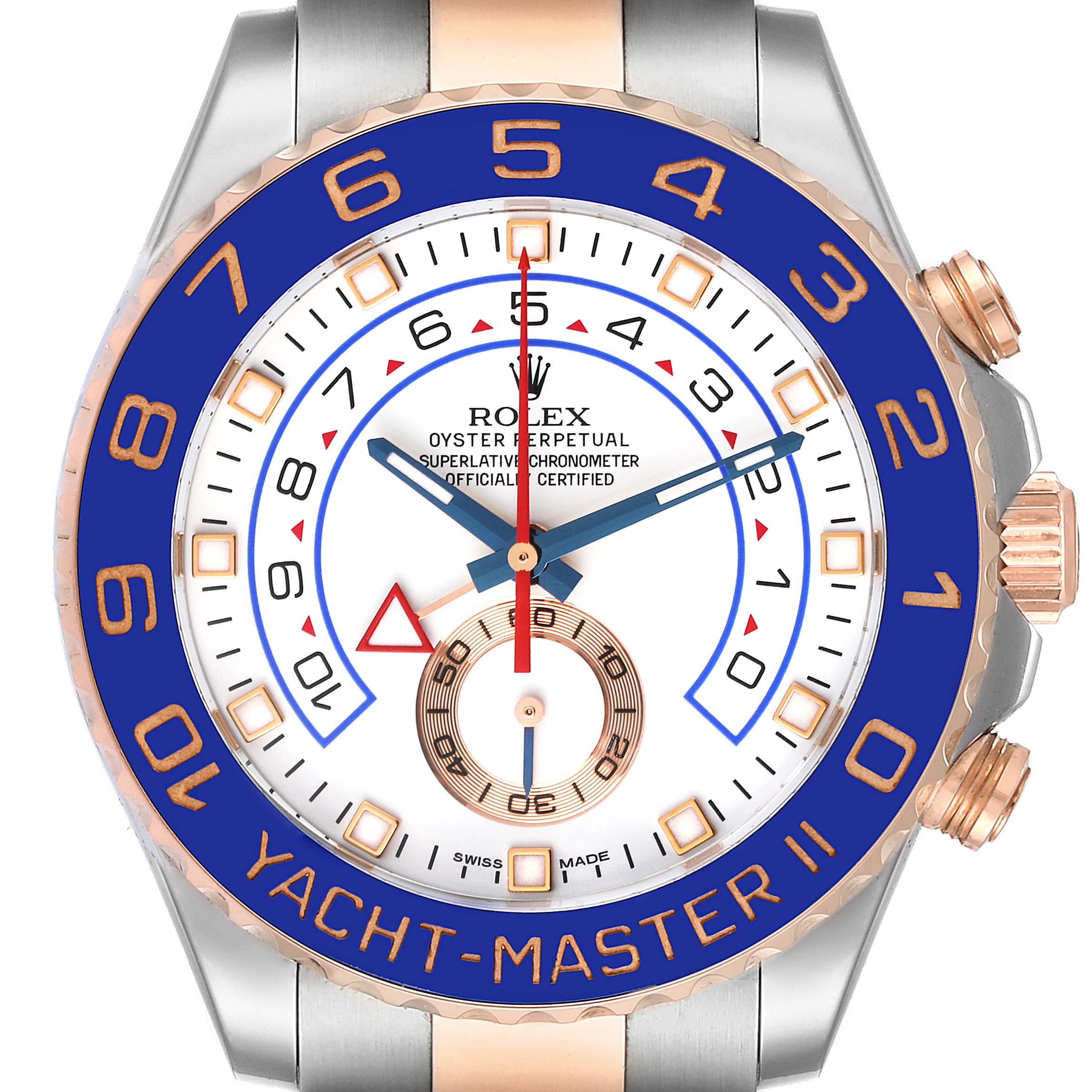 This image shows the dial and bezel of the Rolex Yacht-Master 116681 Men
s Steel and Gold (two tone) White Dial 116681 Men
s Steel and Gold (two tone) White Dial II watch.