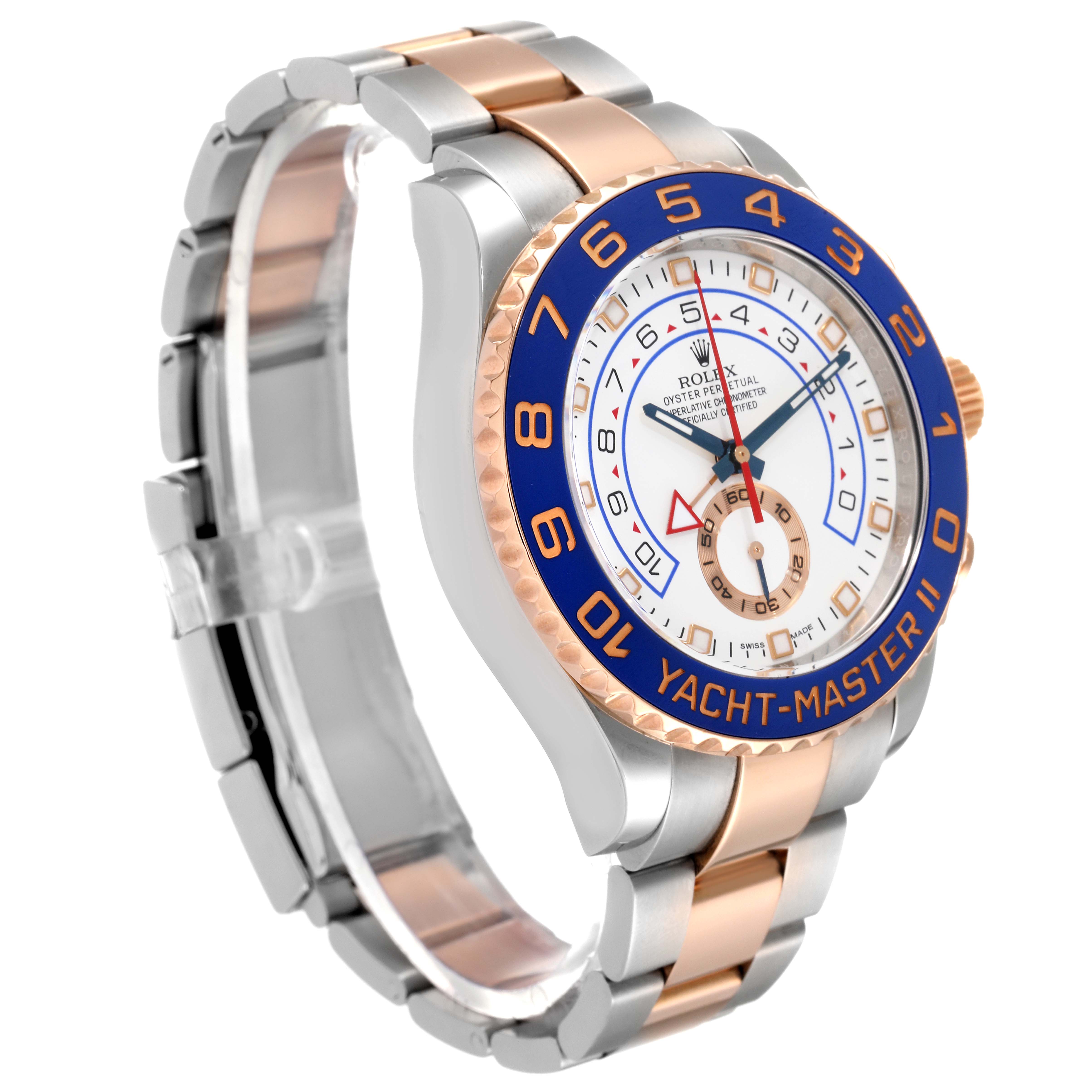 This Rolex Yacht-Master 116681 Men
s Steel and Gold (two tone) White Dial 116681 Men
s Steel and Gold (two tone) White Dial watch is shown at a side angle, highlighting its bezel, dial, and bracelet.