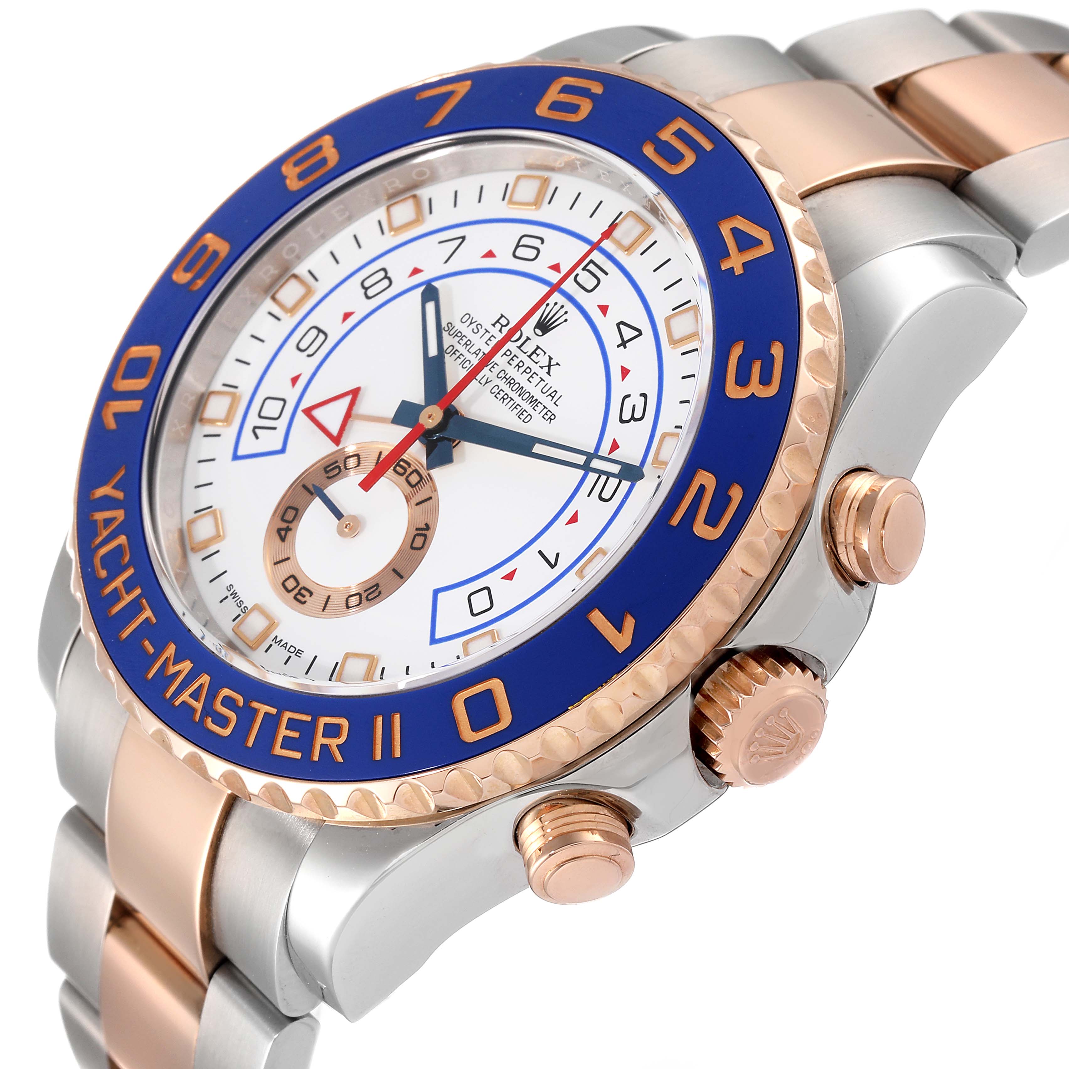 The image shows a Rolex Yacht-Master 116681 Men
s Steel and Gold (two tone) White Dial 116681 Men
s Steel and Gold (two tone) White Dial watch from a tilted side angle, highlighting its dial, bezel, and part of the bracelet.