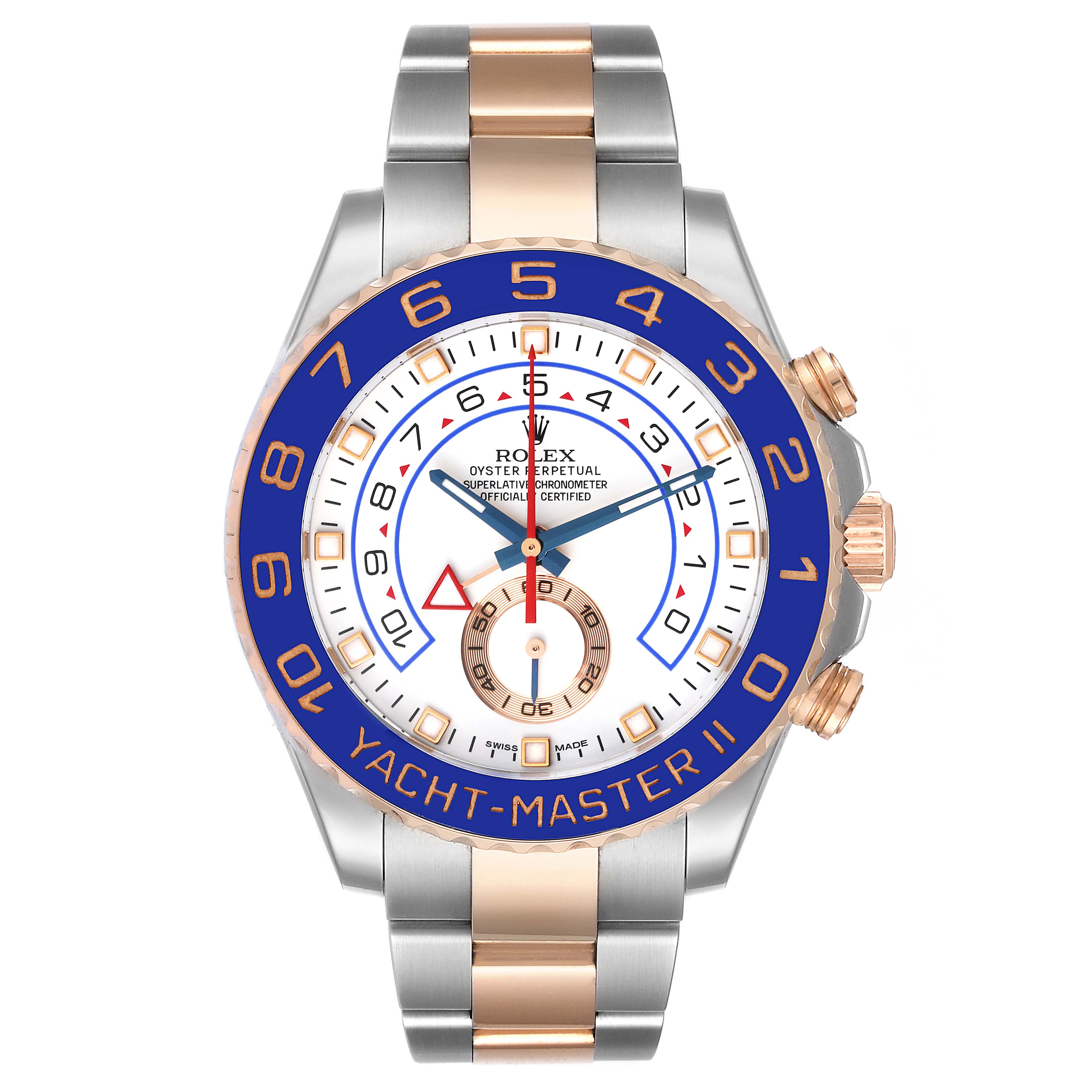 This is a front view of the Rolex Yacht-Master 116681 Men
s Steel and Gold (two tone) White Dial 116681 Men
s Steel and Gold (two tone) White Dial watch, showcasing its dial, bezel, and two-tone bracelet.