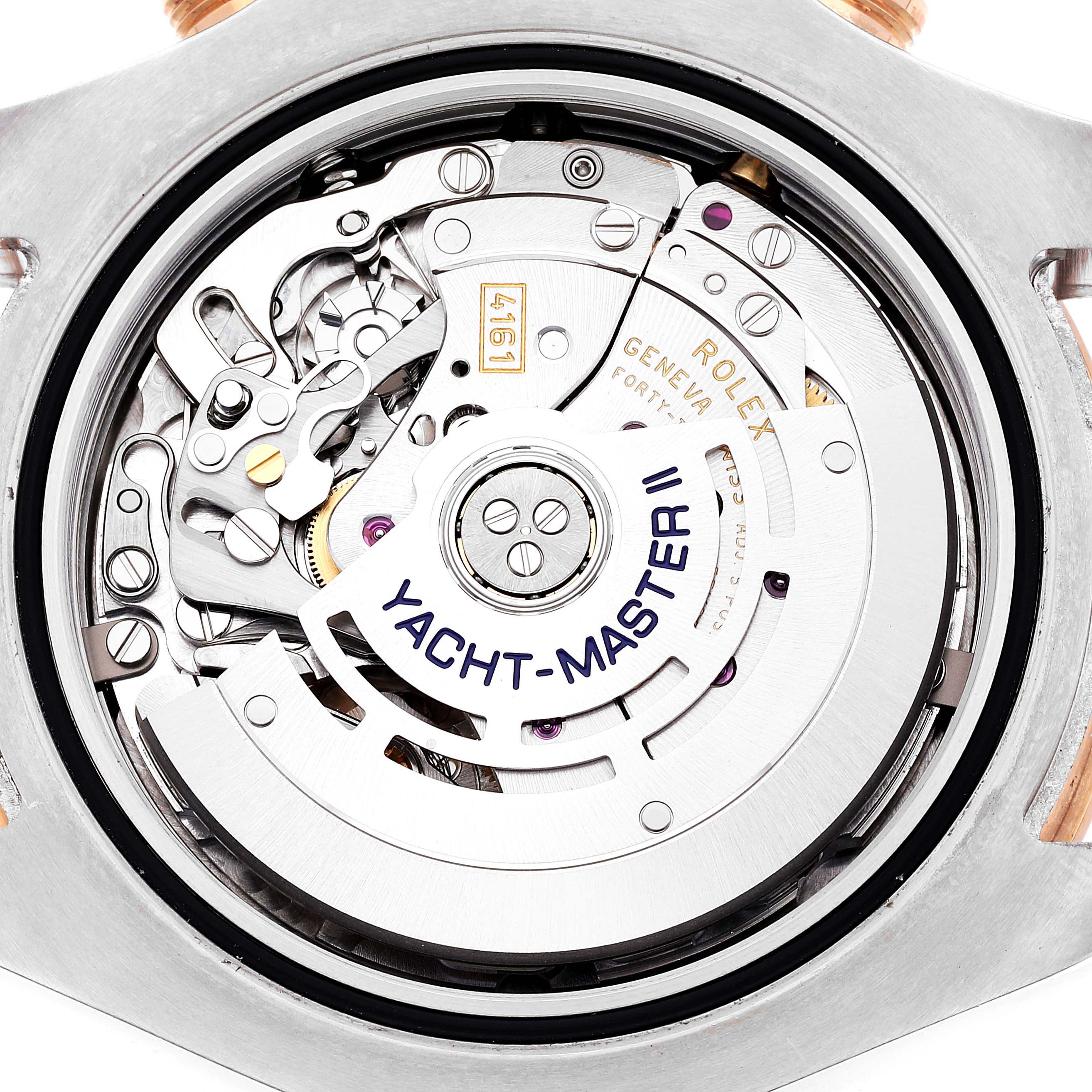 This image shows the inner mechanism of a Rolex Yacht-Master 116681 Men
s Steel and Gold (two tone) White Dial 116681 Men
s Steel and Gold (two tone) White Dial II watch, viewed from the rear.