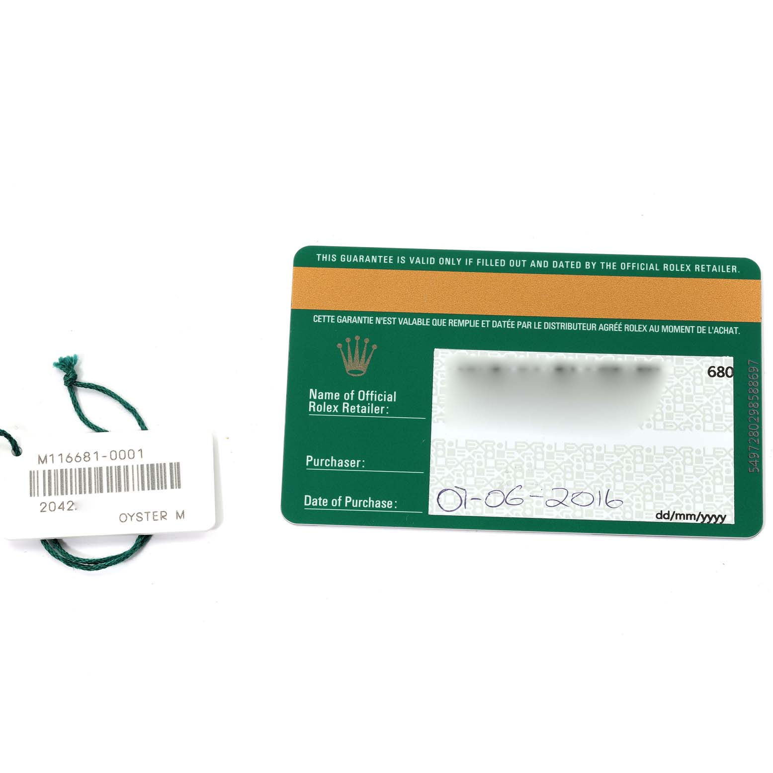 The image shows the warranty card and hang tag for the Rolex Yacht-Master 116681 Men
s Steel and Gold (two tone) White Dial 116681 Men
s Steel and Gold (two tone) White Dial model.