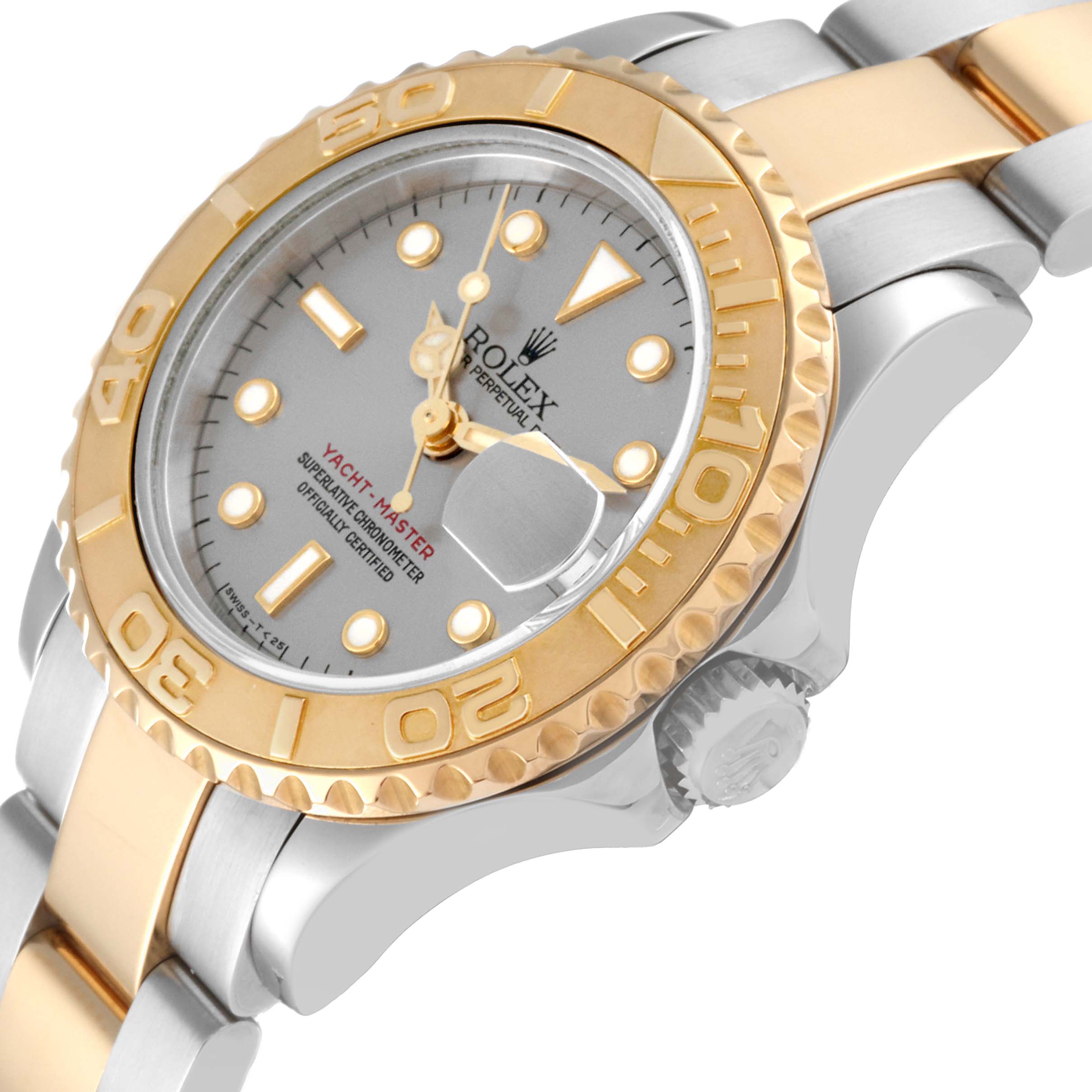 The image shows a close-up angled view of a Rolex Yacht-Master 69623 Women
s Steel and Gold (two tone) Grey Dial 69623 Women
s Steel and Gold (two tone) Grey Dial watch, highlighting the bezel, crown, and part of the bracelet.