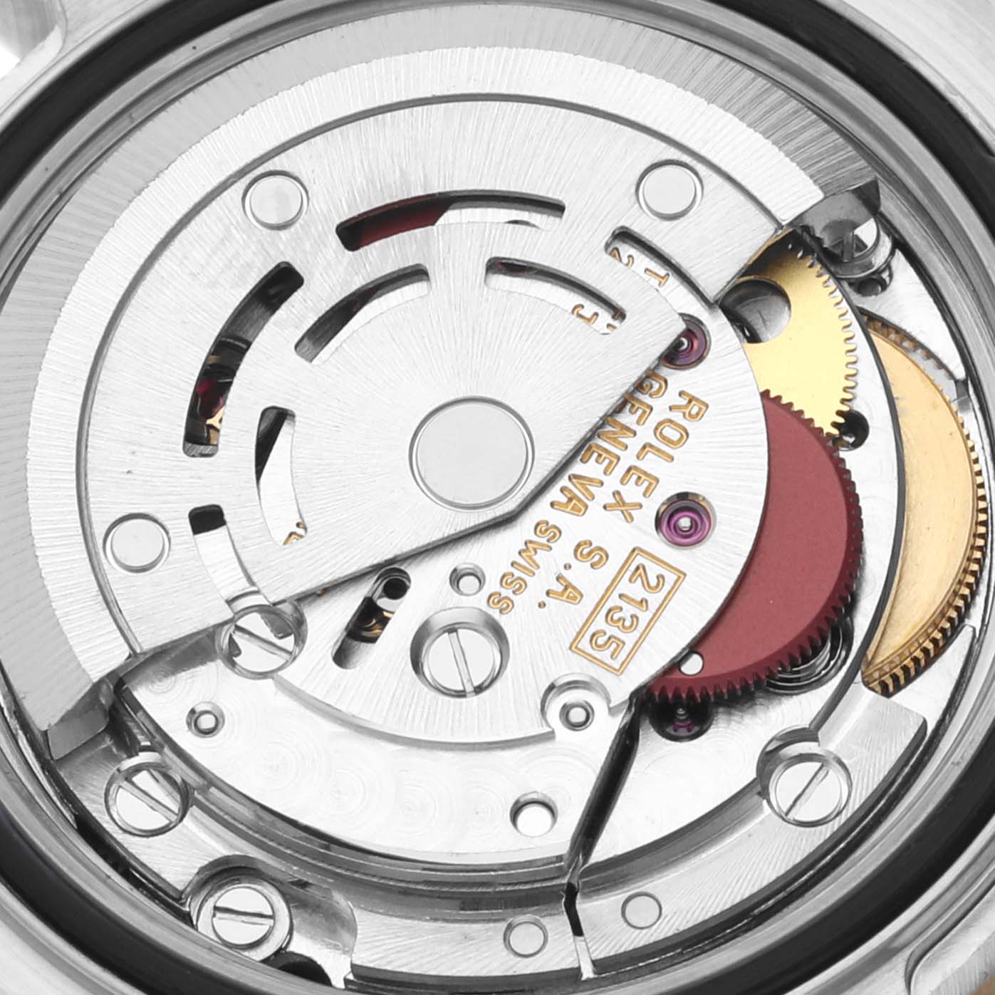 This image shows a close-up view of the movement mechanism inside a Rolex Yacht-Master 69623 Women
s Steel and Gold (two tone) Grey Dial 69623 Women
s Steel and Gold (two tone) Grey Dial watch.
