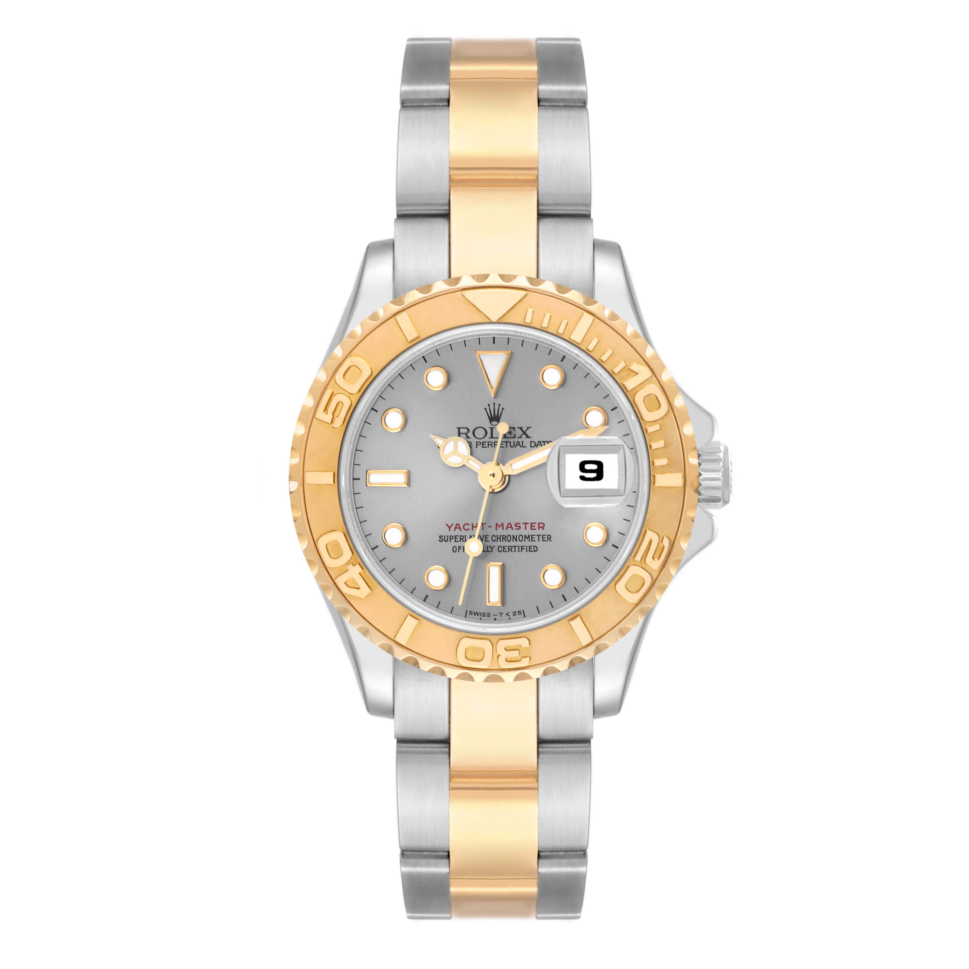 The Rolex Yacht-Master 69623 Women
s Steel and Gold (two tone) Grey Dial 69623 Women
s Steel and Gold (two tone) Grey Dial watch is shown from a front view, including the face, bezel, and two-tone metal bracelet.