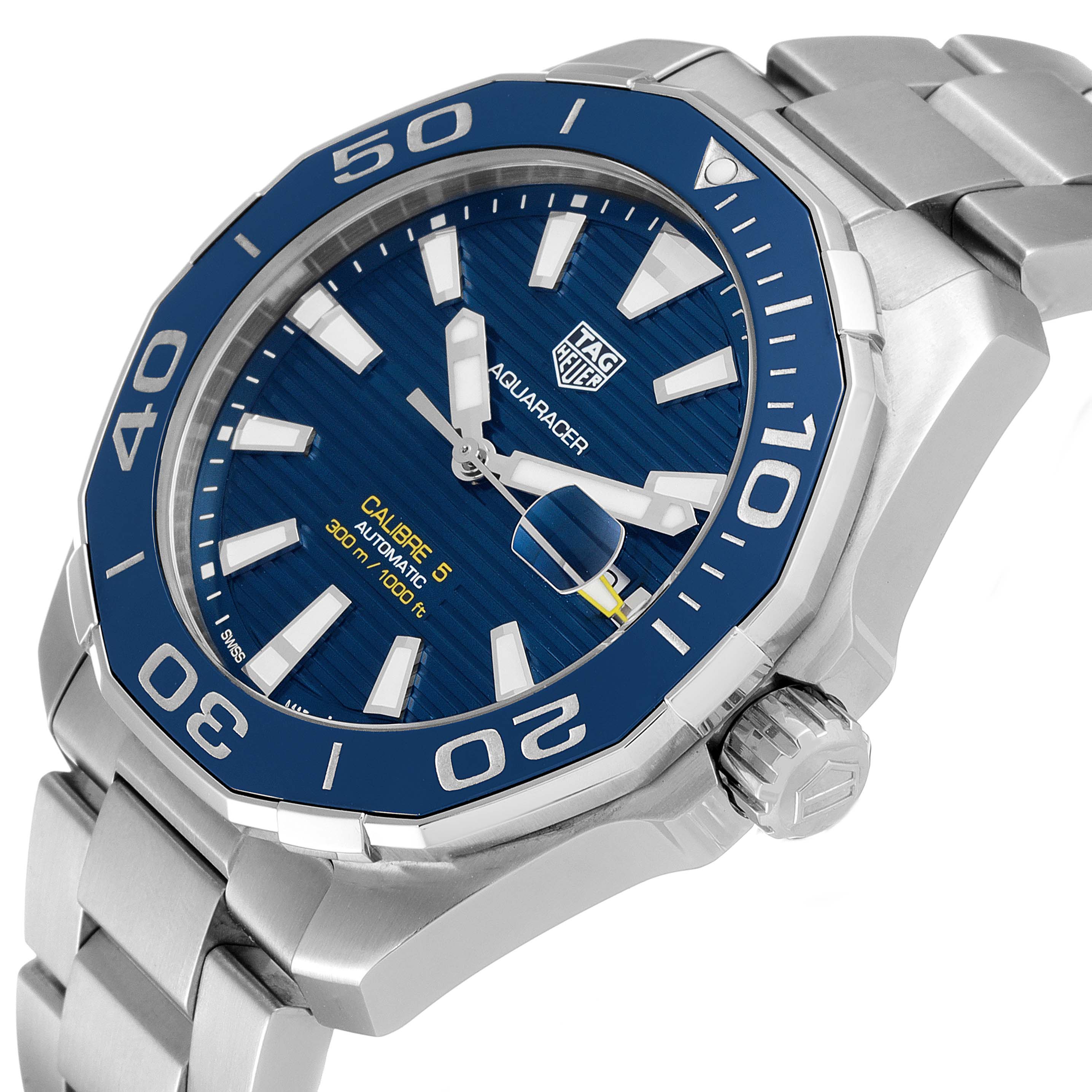 The image shows a close-up angle of the Tag Heuer Aquaracer WAY201B Men's Stainless Steel Blue Dial WAY201B Men's Stainless Steel Blue Dial watch, highlighting its bezel, dial, and part of the bracelet.