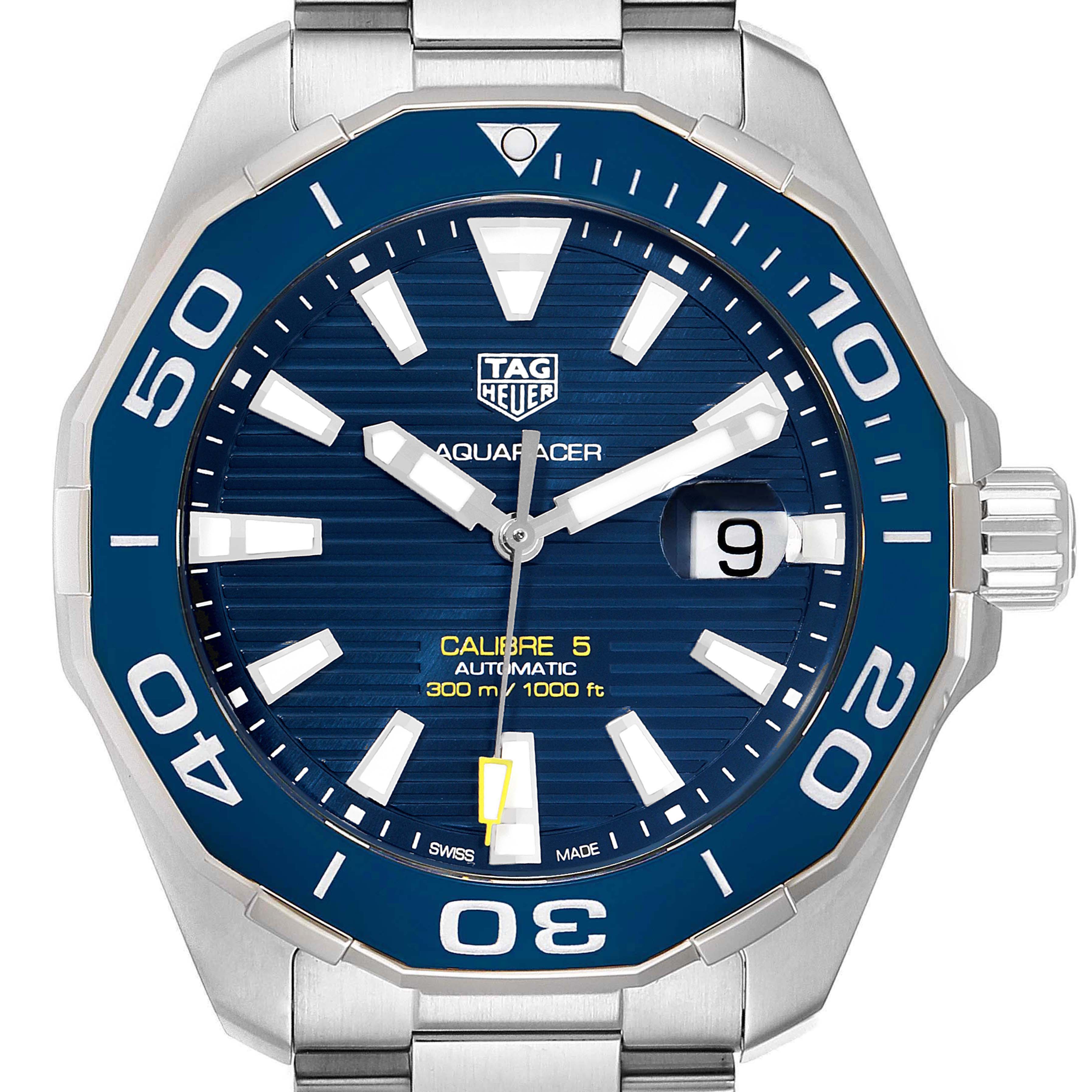 The image shows a front view of the Tag Heuer Aquaracer WAY201B Men's Stainless Steel Blue Dial WAY201B Men's Stainless Steel Blue Dial watch, highlighting its bezel, dial, markers, hands, and date window.