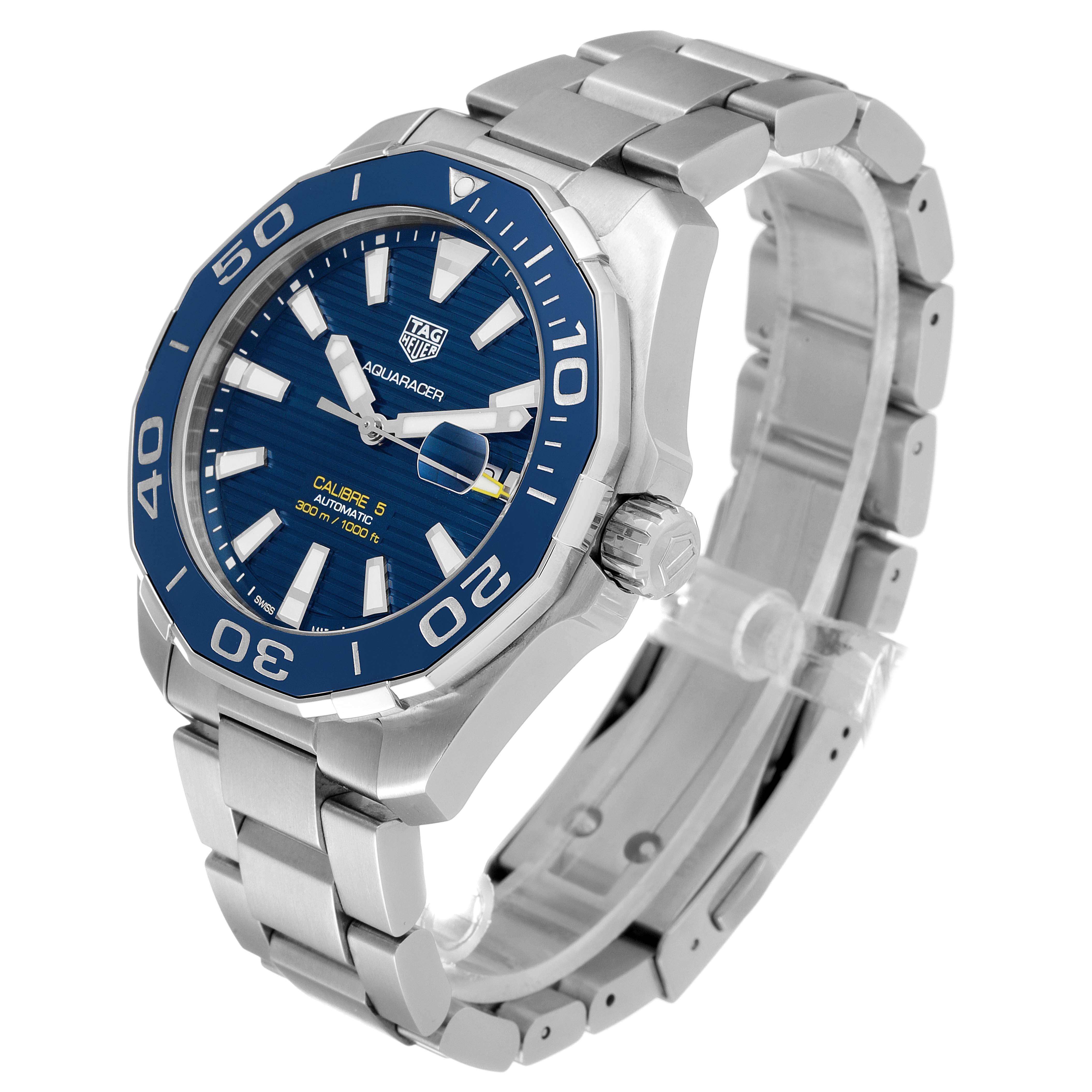 The image shows a Tag Heuer Aquaracer WAY201B Men's Stainless Steel Blue Dial WAY201B Men's Stainless Steel Blue Dial watch at a three-quarter angle, highlighting the dial, bezel, and stainless steel bracelet.