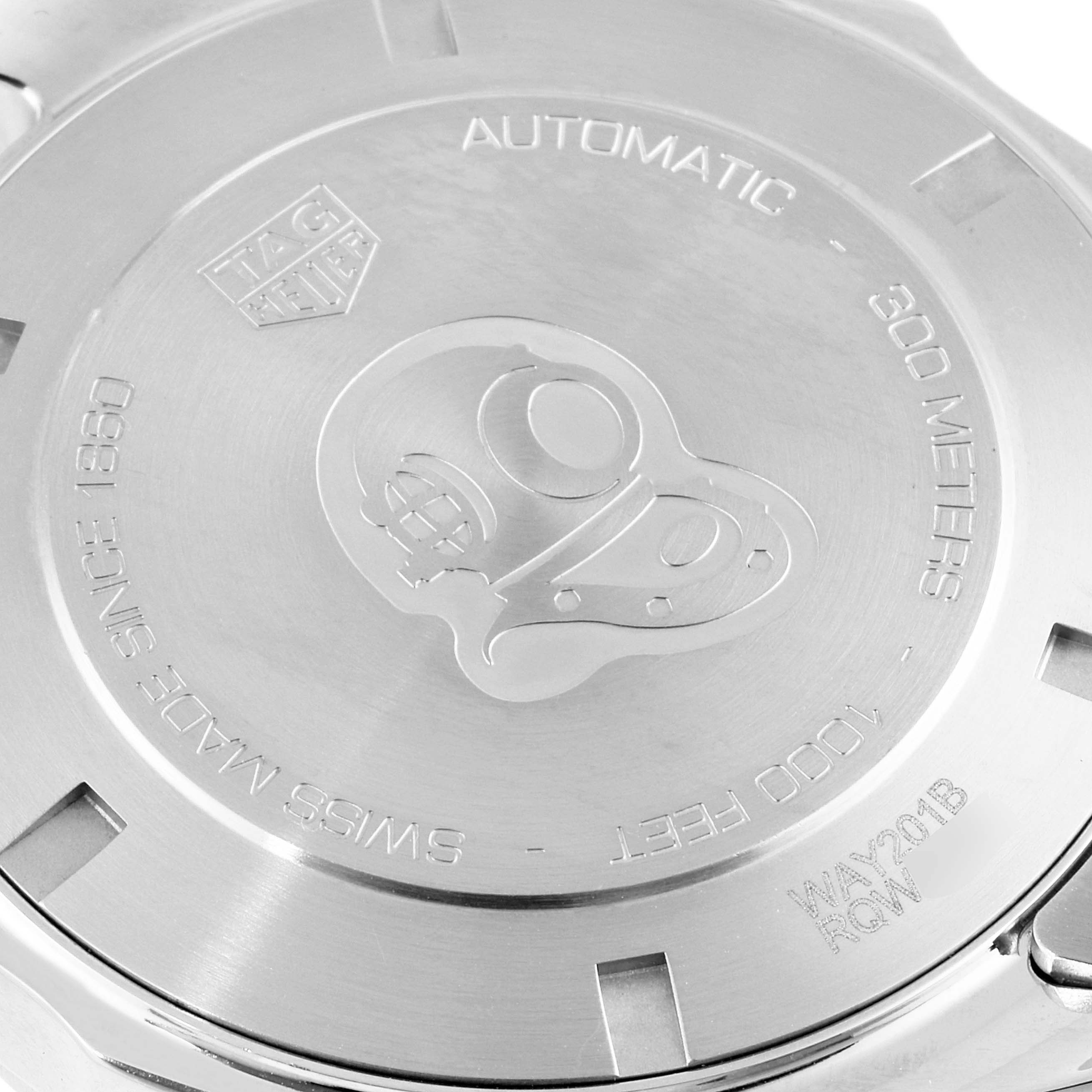 The image shows the back case of a Tag Heuer Aquaracer WAY201B Men's Stainless Steel Blue Dial WAY201B Men's Stainless Steel Blue Dial watch, displaying the brand logo and water resistance information.