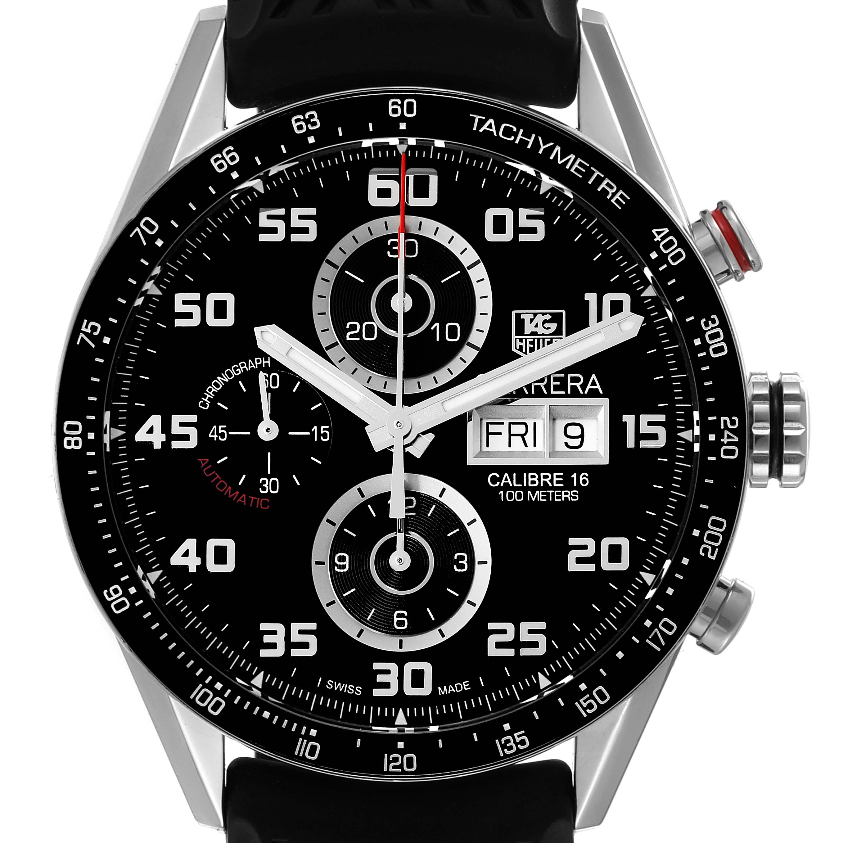 The image shows a frontal view of the Tag Heuer Carrera CV2A1R Men
s Stainless Steel Black Dial CV2A1R Men
s Stainless Steel Black Dial watch face, displaying its tachymetre, chronograph, and date features.