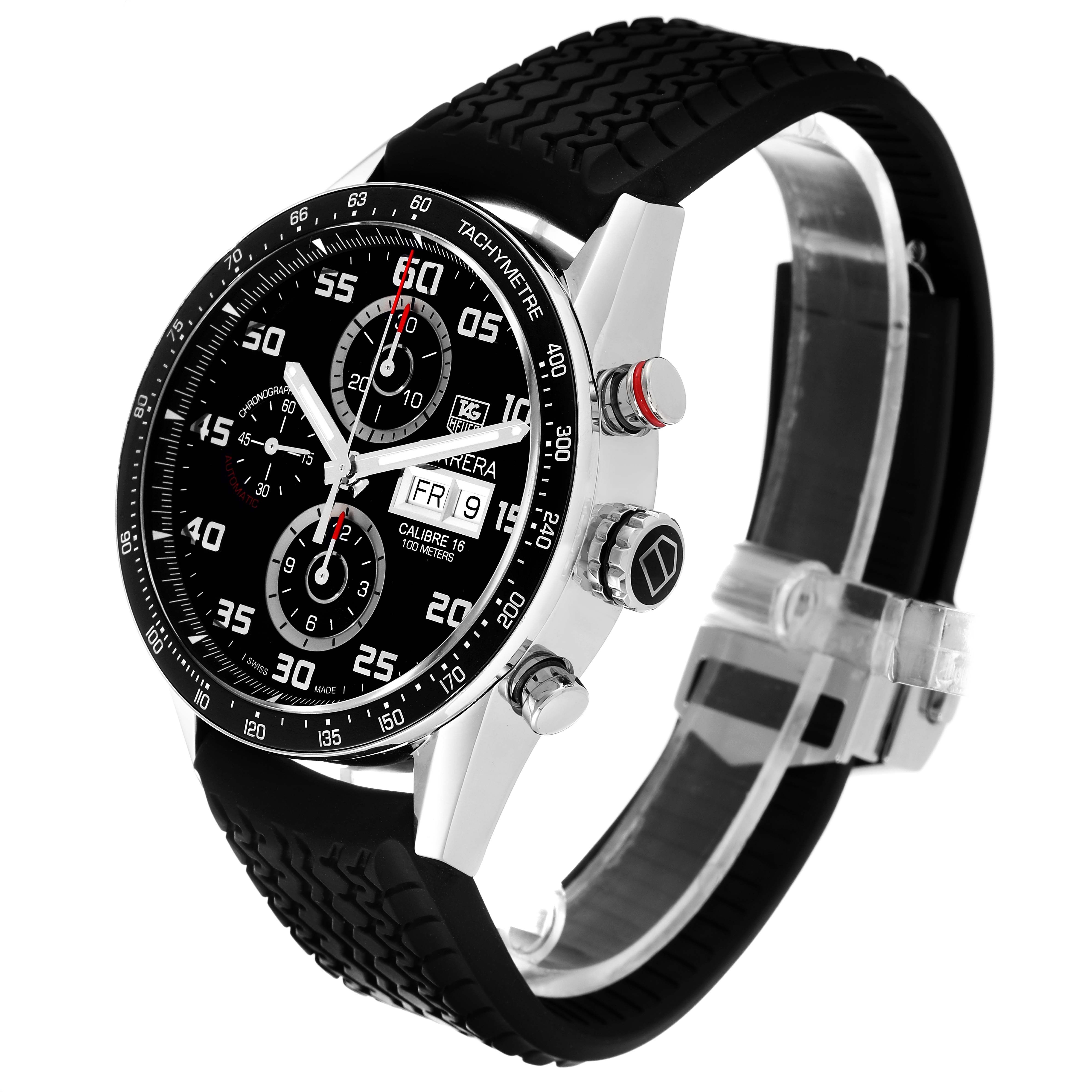 The Tag Heuer Carrera CV2A1R Men
s Stainless Steel Black Dial CV2A1R Men
s Stainless Steel Black Dial watch is shown at a three-quarter angle, displaying its face, side buttons, and rubber strap.