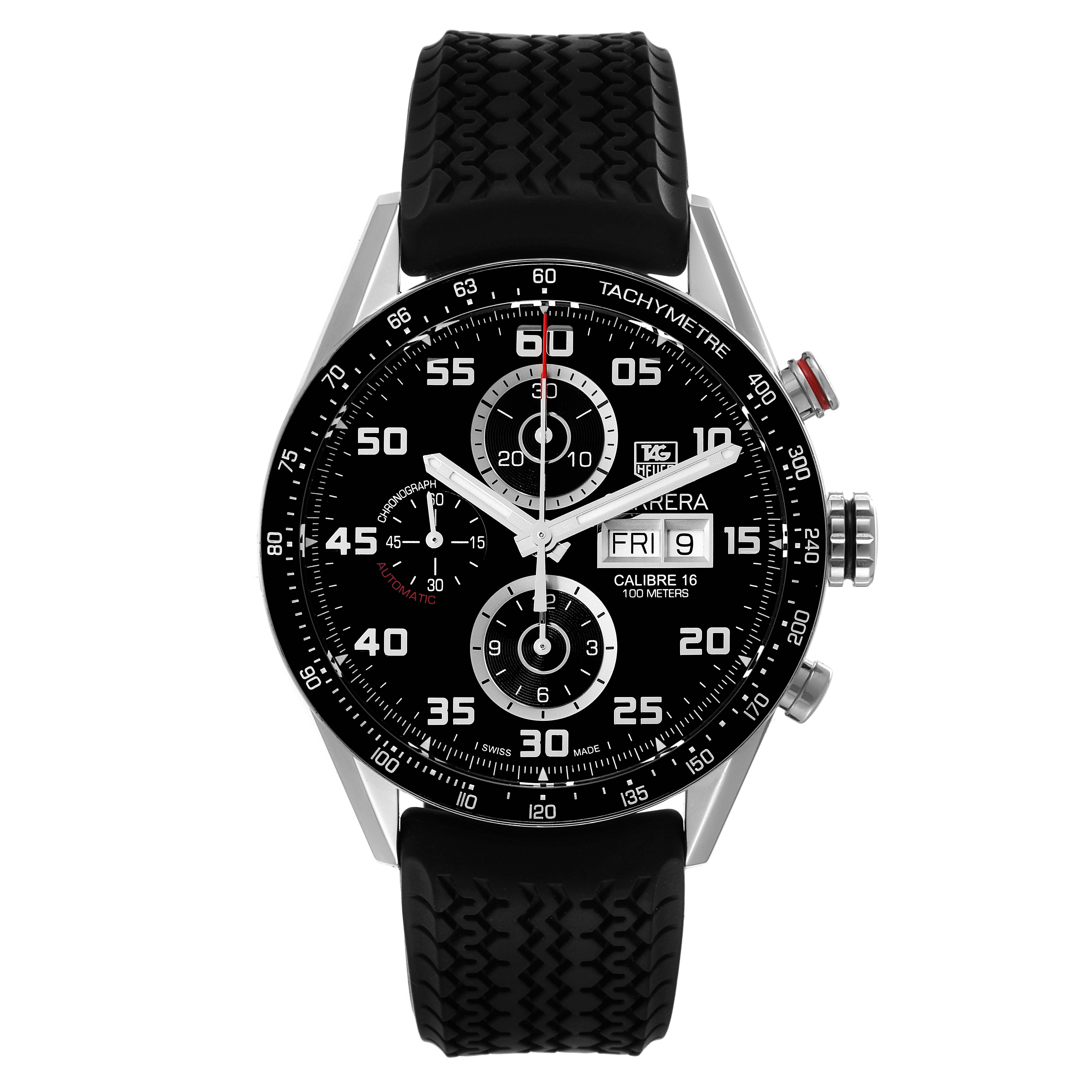 The image shows a front view of the Tag Heuer Carrera CV2A1R Men
s Stainless Steel Black Dial CV2A1R Men
s Stainless Steel Black Dial watch, highlighting its face, bezel, and strap.