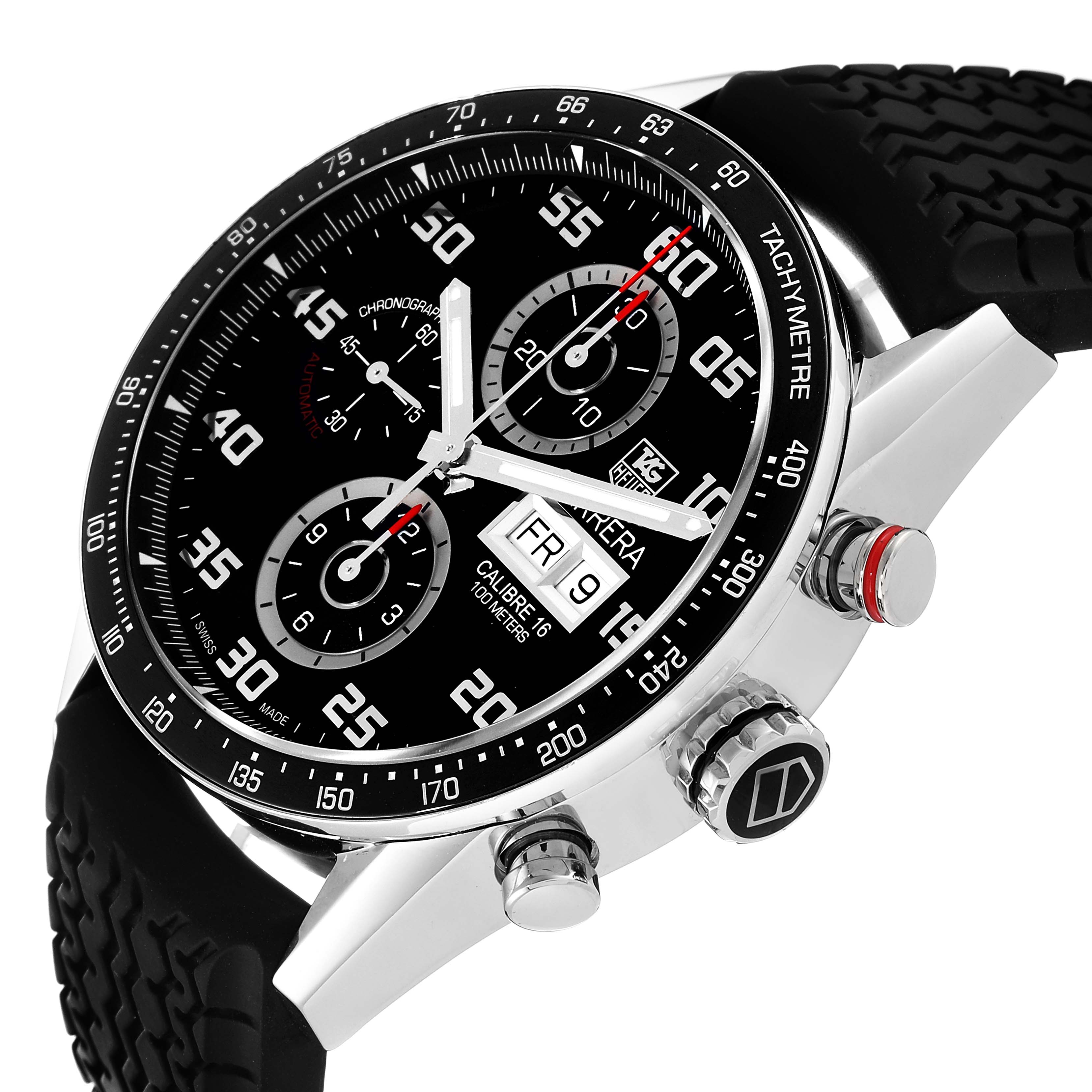 The image shows a Tag Heuer Carrera CV2A1R Men
s Stainless Steel Black Dial CV2A1R Men
s Stainless Steel Black Dial watch from an angled side view, highlighting its black dial, chronograph subdials, date display, and side buttons.