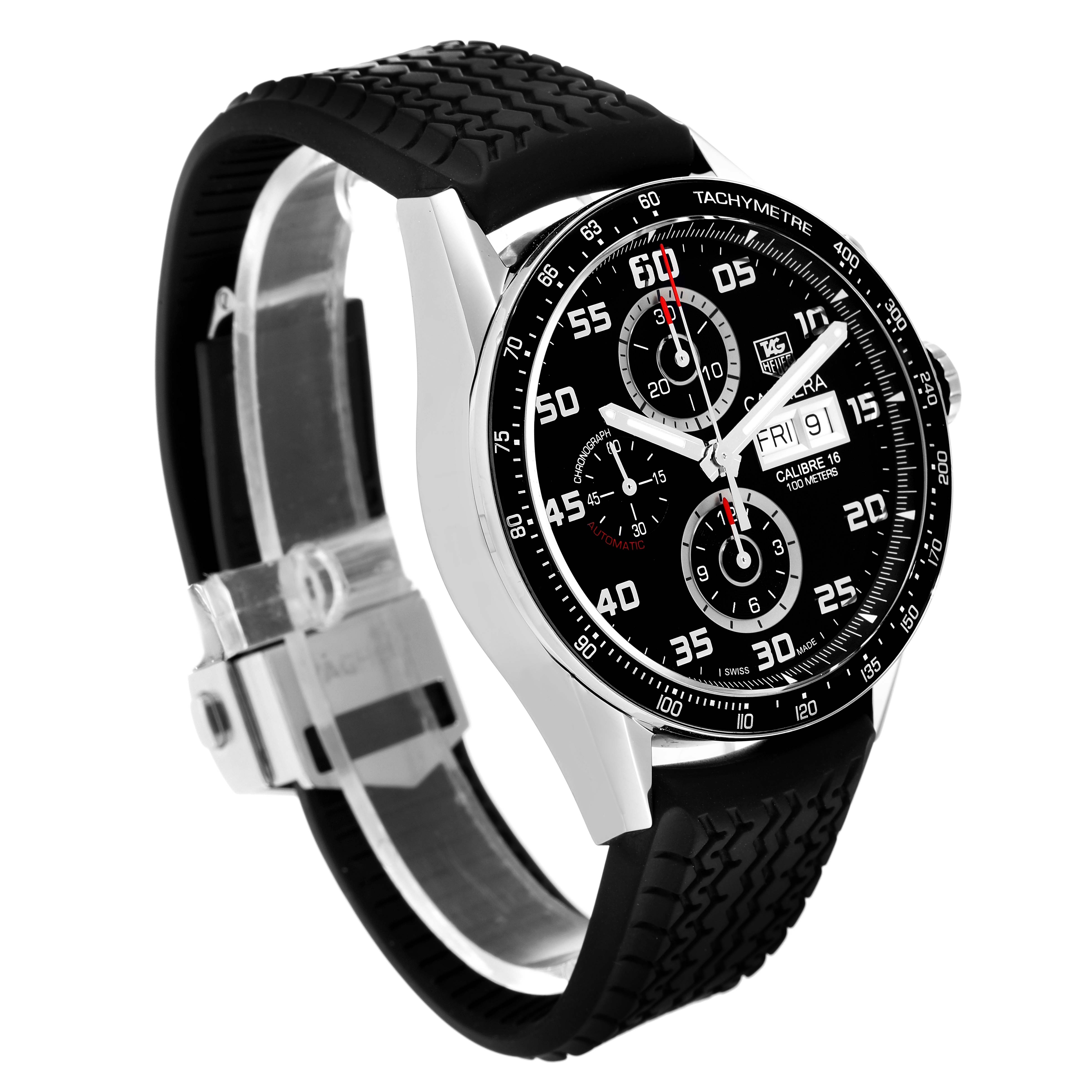 The Carrera model by Tag Heuer is shown at a slight angle, displaying its black dial, chronograph subdials, date window, and black strap.