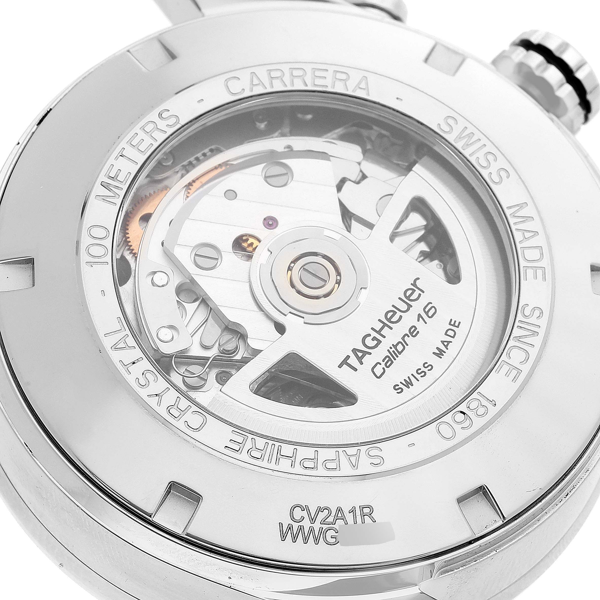 The image shows the back of a Tag Heuer Carrera CV2A1R Men
s Stainless Steel Black Dial CV2A1R Men
s Stainless Steel Black Dial watch, highlighting the Calibre 16 movement and sapphire crystal details.