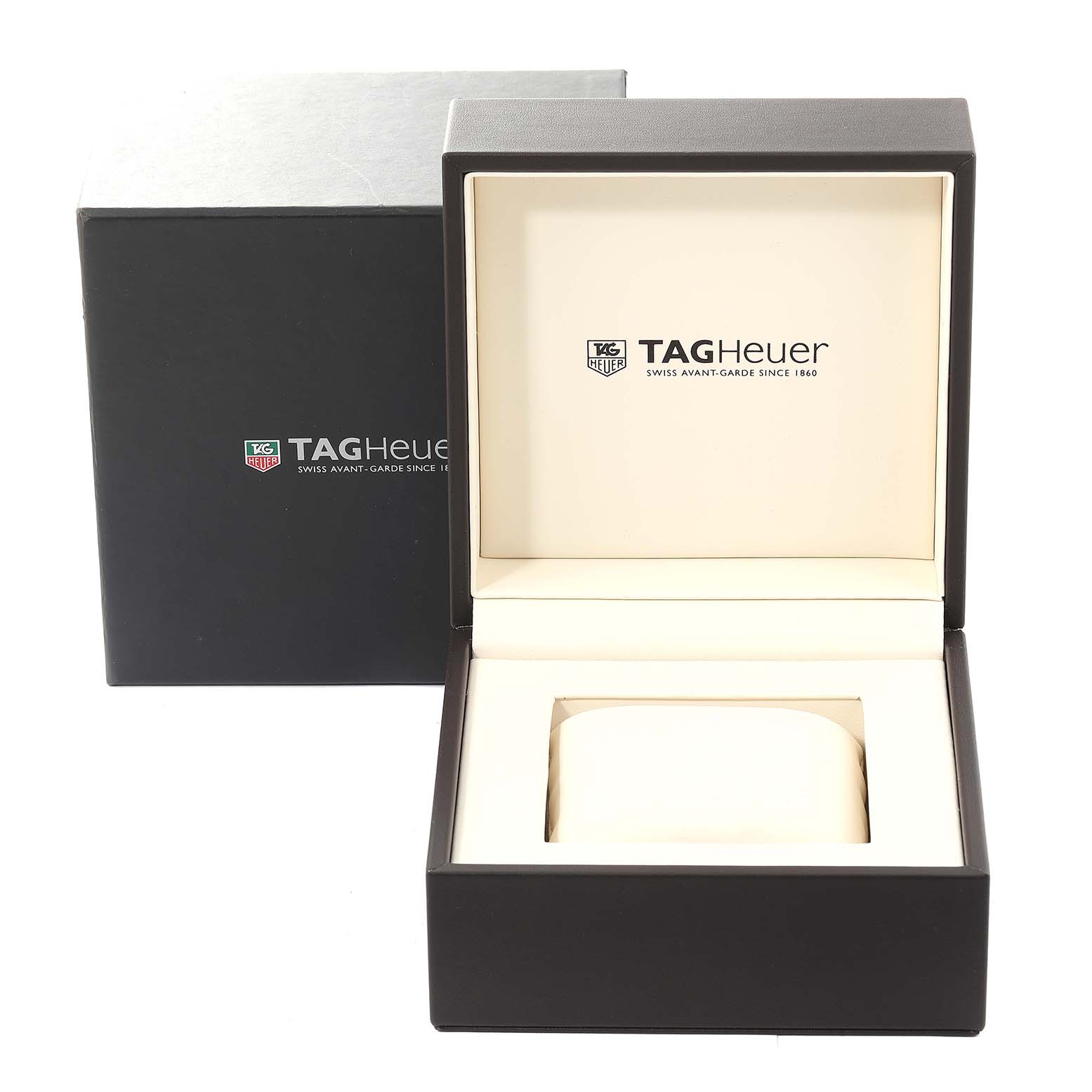 The image shows an open Tag Heuer Carrera CV2A1R Men
s Stainless Steel Black Dial CV2A1R Men
s Stainless Steel Black Dial watch box inside a larger outer box, viewed from the front.