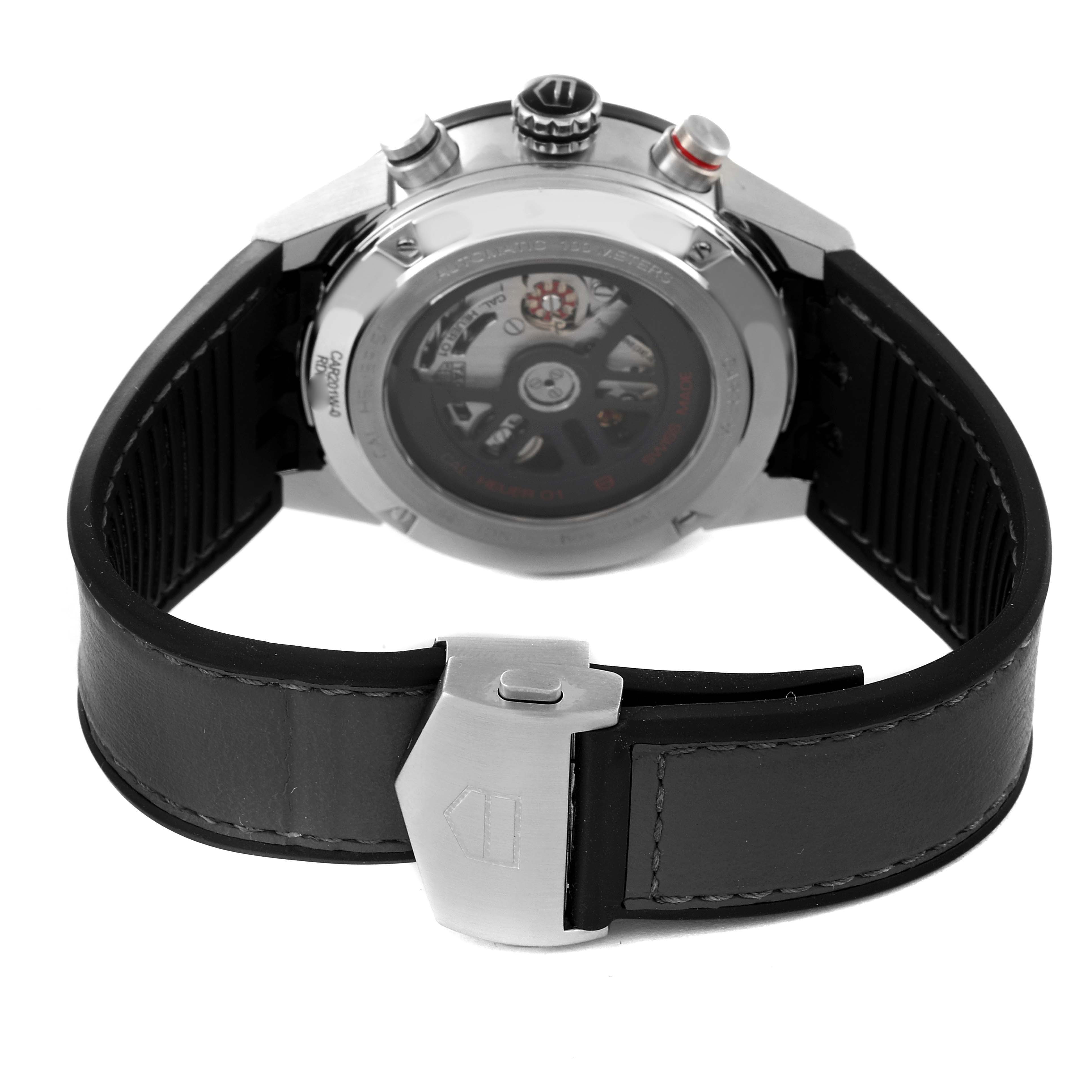 The image shows the back side of a Tag Heuer Carrera CAR201W Men's Stainless Steel Black Dial CAR201W Men's Stainless Steel Black Dial watch, including the case back, strap, and clasp.