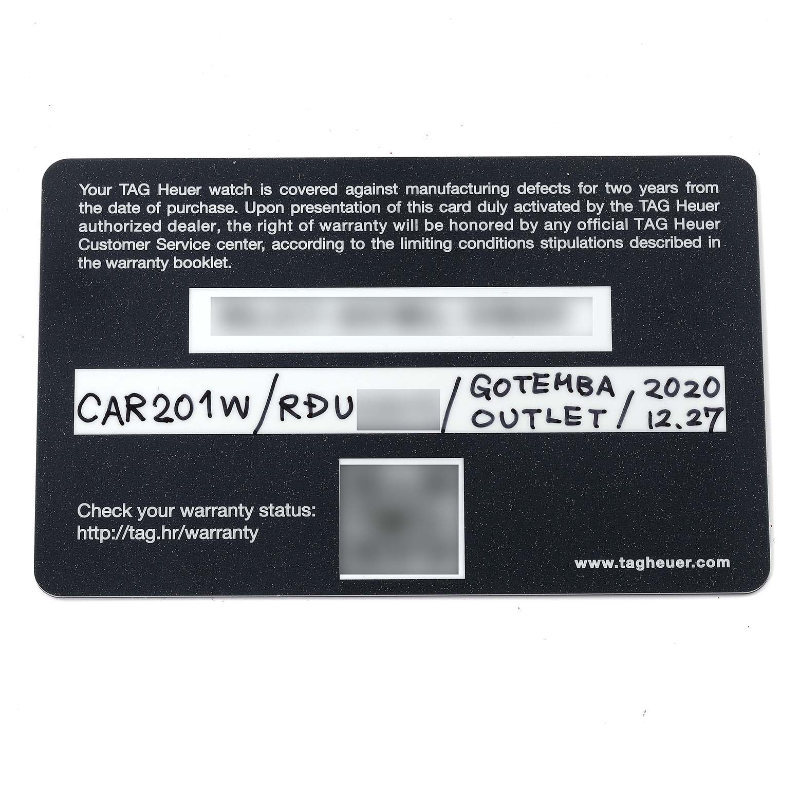 This image shows a warranty card for a Tag Heuer Carrera CAR201W Men's Stainless Steel Black Dial CAR201W Men's Stainless Steel Black Dial model watch, detailing warranty conditions and dealer information.
