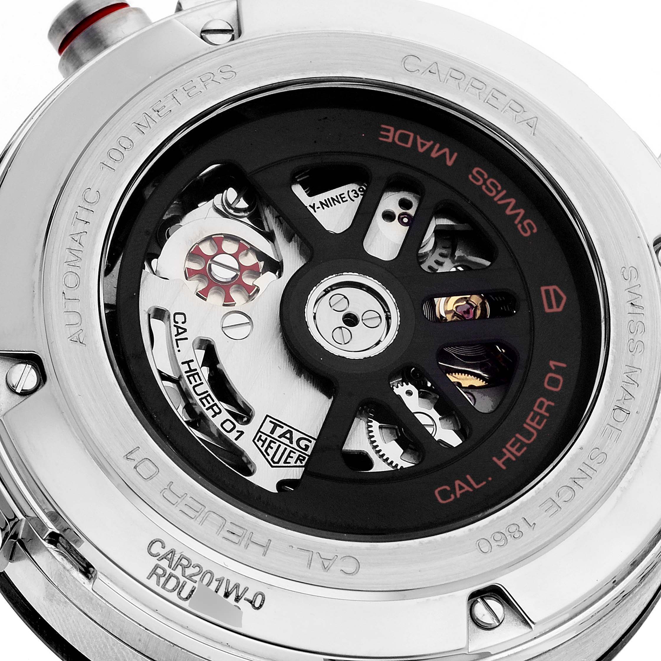 The image shows the back view of a Tag Heuer Carrera CAR201W Men's Stainless Steel Black Dial CAR201W Men's Stainless Steel Black Dial watch, highlighting its inner mechanical components and movement.