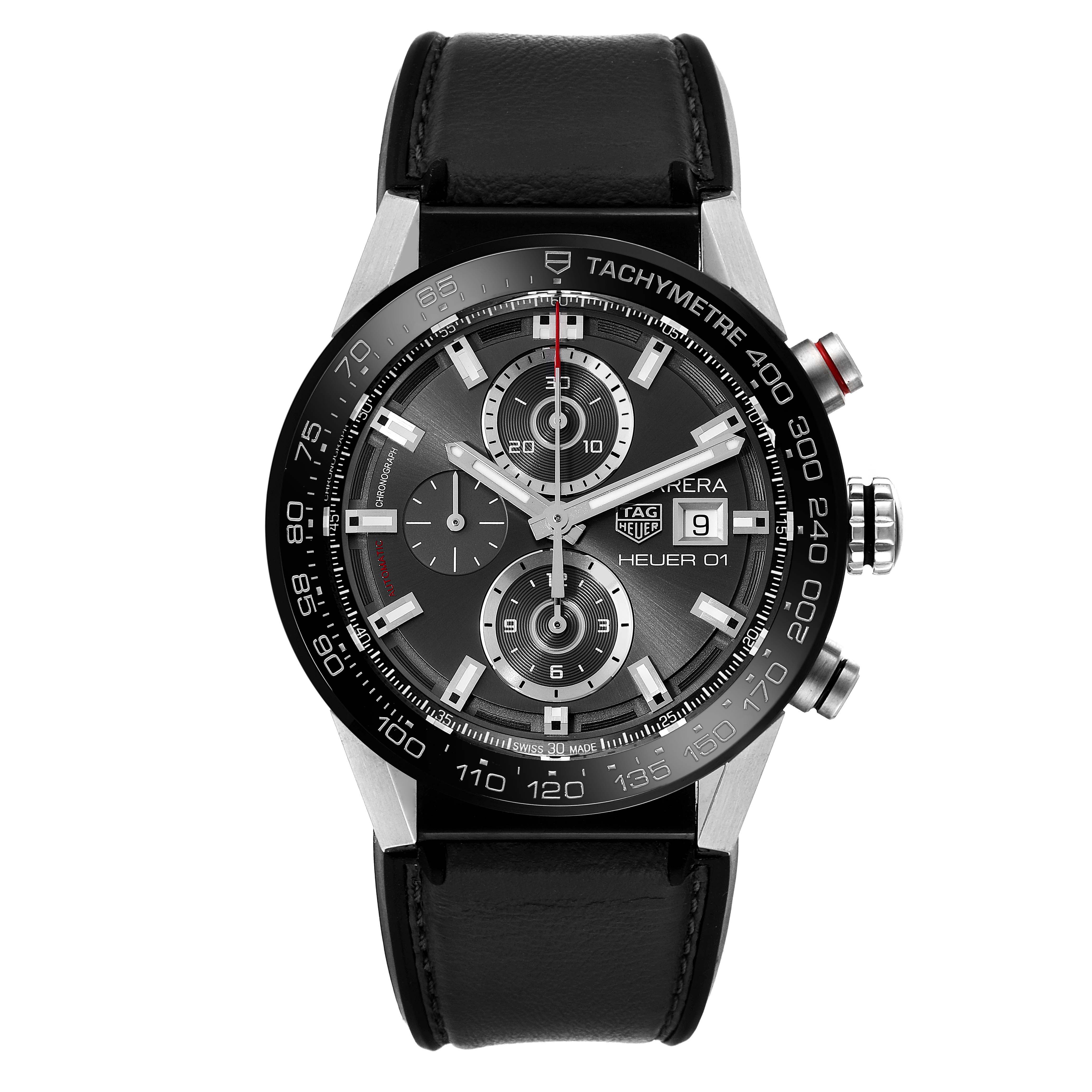 The image shows the front view of a Tag Heuer Carrera CAR201W Men's Stainless Steel Black Dial CAR201W Men's Stainless Steel Black Dial model watch, featuring a black leather strap and tachymeter bezel.