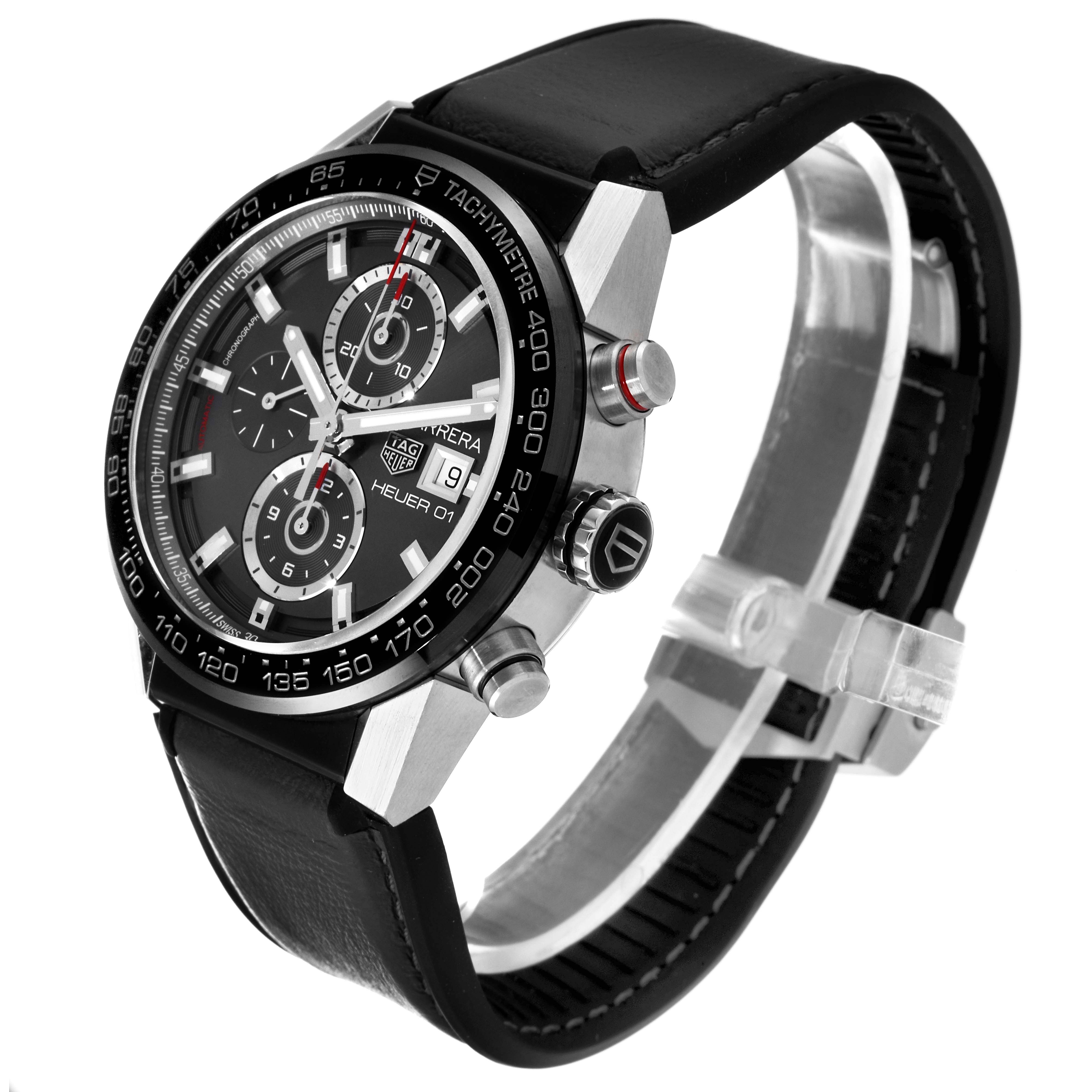 The Tag Heuer Carrera CAR201W Men's Stainless Steel Black Dial CAR201W Men's Stainless Steel Black Dial model watch is shown at an angled side view, highlighting its face, chronographs, and side buttons.