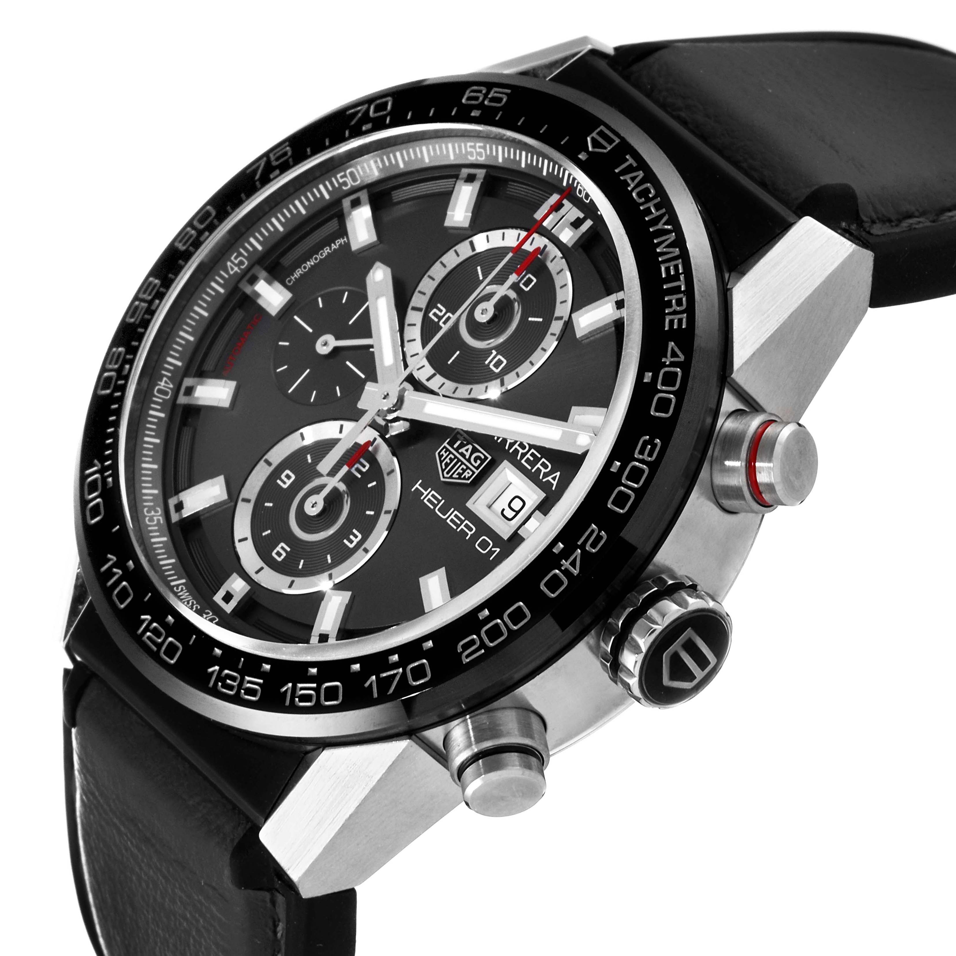 This image shows a close-up of the dial and side buttons of a Tag Heuer Carrera CAR201W Men's Stainless Steel Black Dial CAR201W Men's Stainless Steel Black Dial watch with a tachymeter bezel.