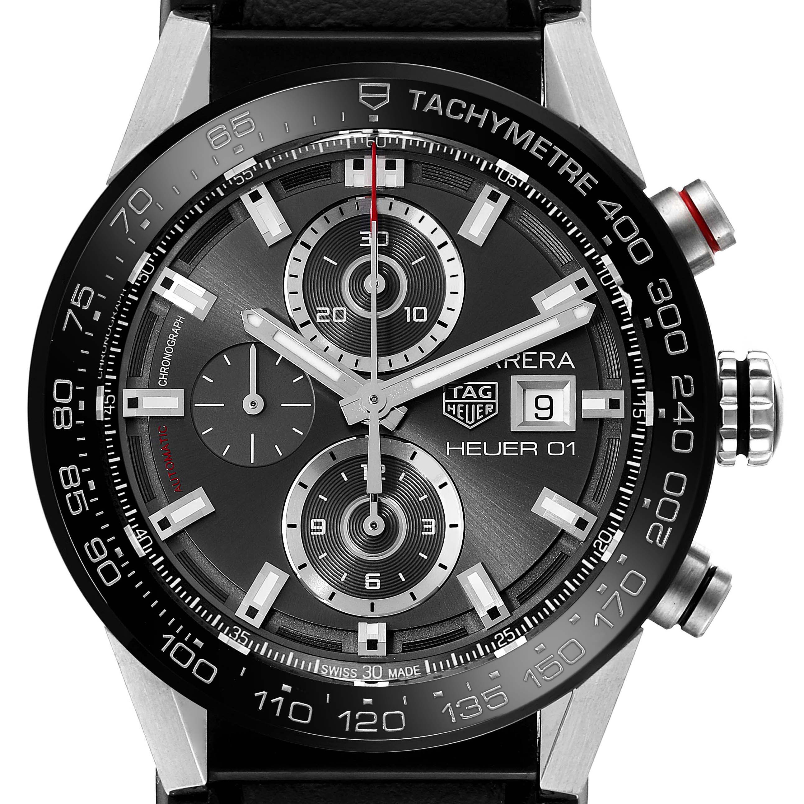 The image shows a close-up, front-facing view of the Tag Heuer Carrera CAR201W Men's Stainless Steel Black Dial CAR201W Men's Stainless Steel Black Dial watch, highlighting the dial and tachymetre bezel.
