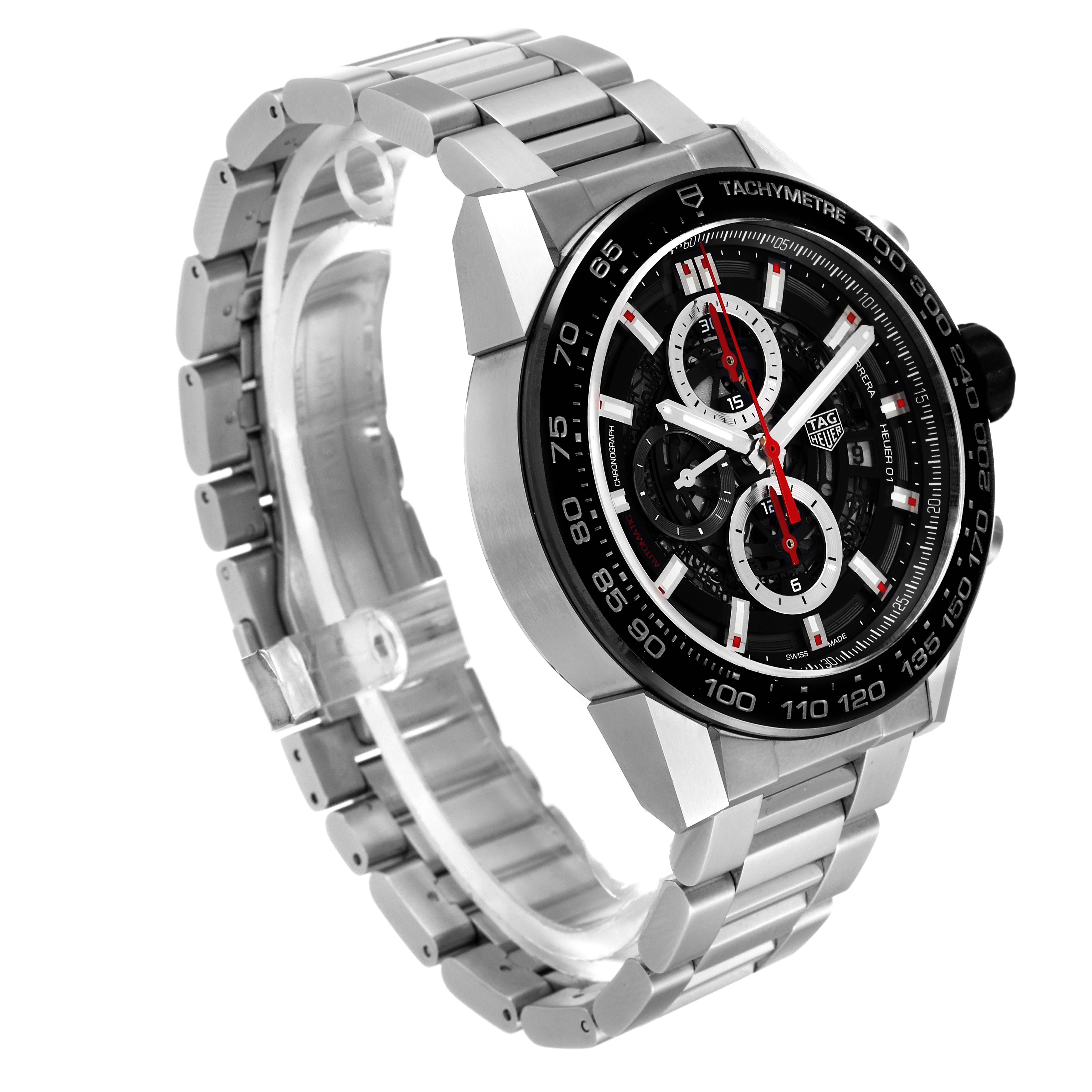 The image shows a Tag Heuer Carrera CAR2A1W Men's Stainless Steel Transparent Dial CAR2A1W Men's Stainless Steel Transparent Dial watch at a front-left angle, highlighting the face, bezel, and stainless steel bracelet.