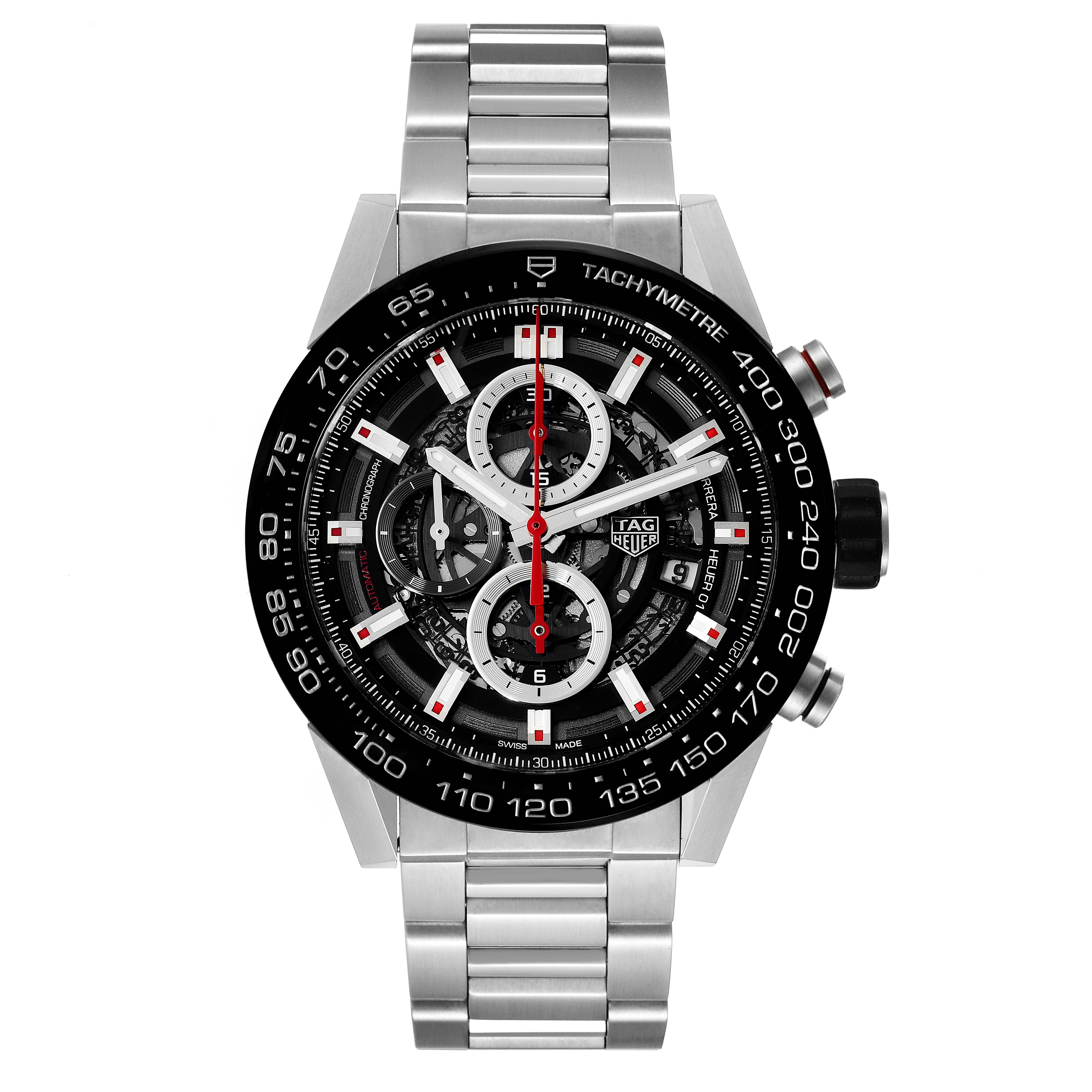This image shows a front view of a Tag Heuer Carrera CAR2A1W Men's Stainless Steel Transparent Dial CAR2A1W Men's Stainless Steel Transparent Dial watch, highlighting its dial, bezel, and metal bracelet.